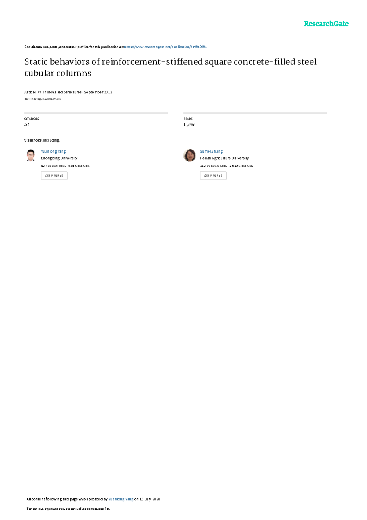 Static Behaviorsof Reinforcement-Stiffened Square Concrete-filled Steel ...