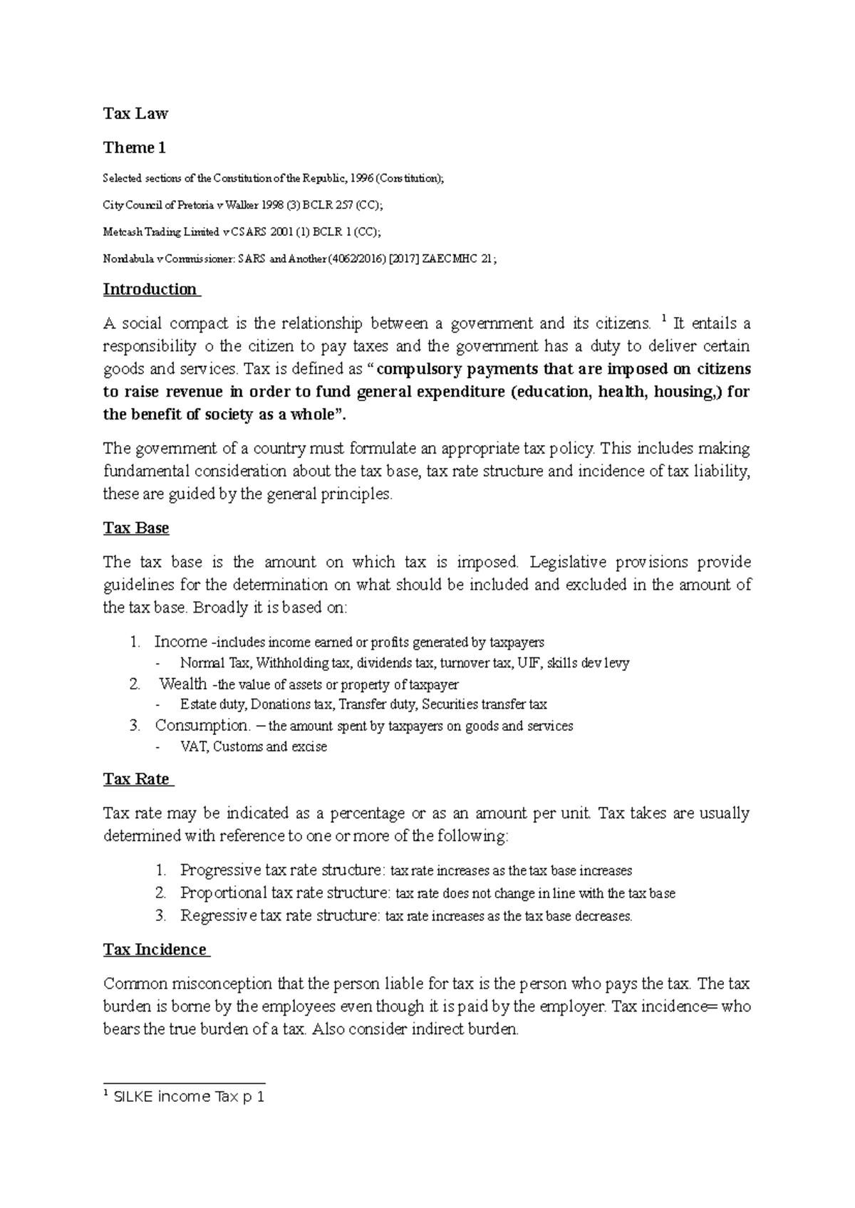 Notes - Tax Law Theme 1 Selected sections of the Constitution of the ...