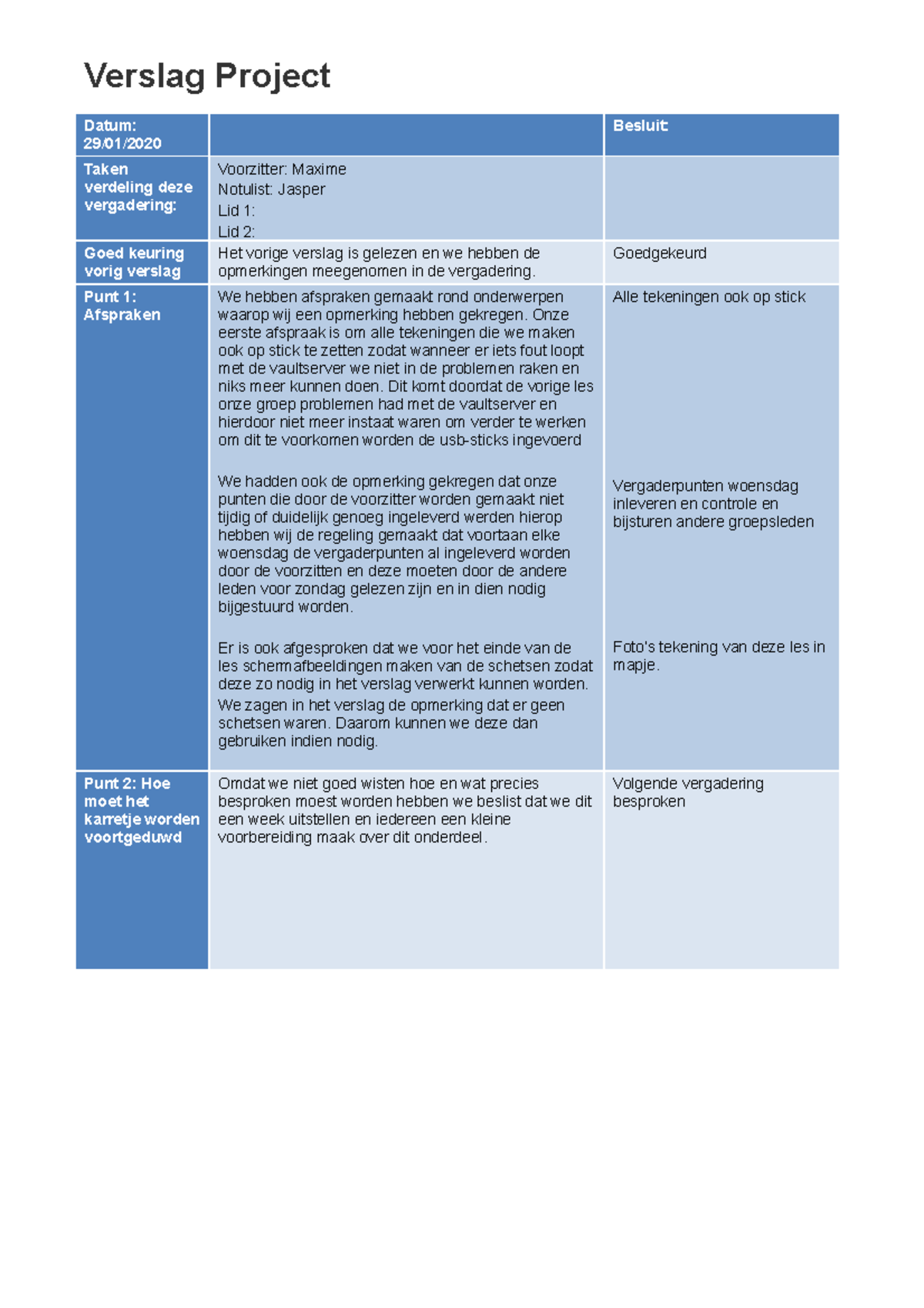 Verslag week 8 - Project - Verslag Project Datum: 29/01/ Besluit: Taken ...