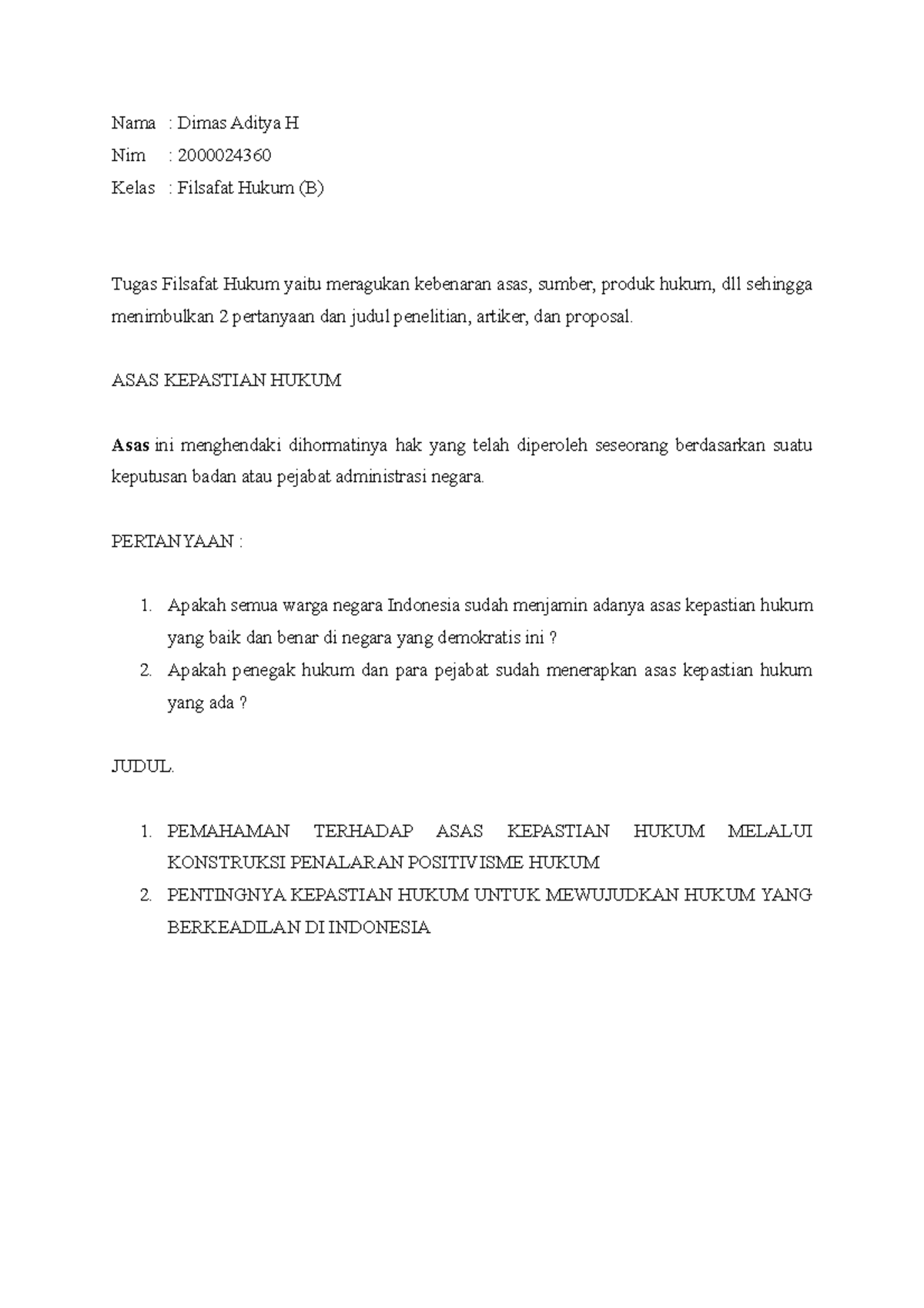 Tugas Akhir Filsafat Hukum - Nama : Dimas Aditya H Nim : 2000024360 ...