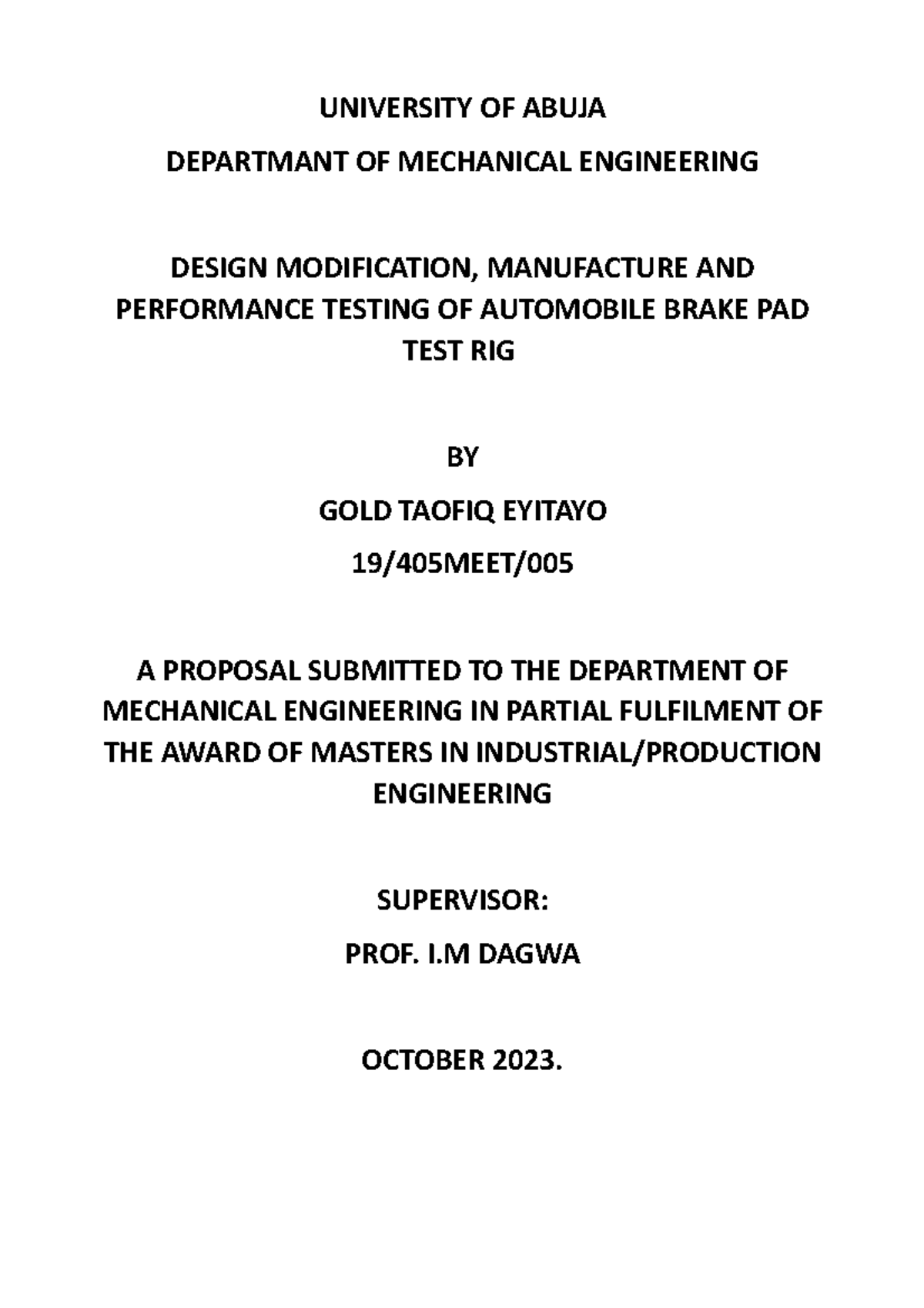 Masters OF ENGR Project - UNIVERSITY OF ABUJA DEPARTMANT OF MECHANICAL ...