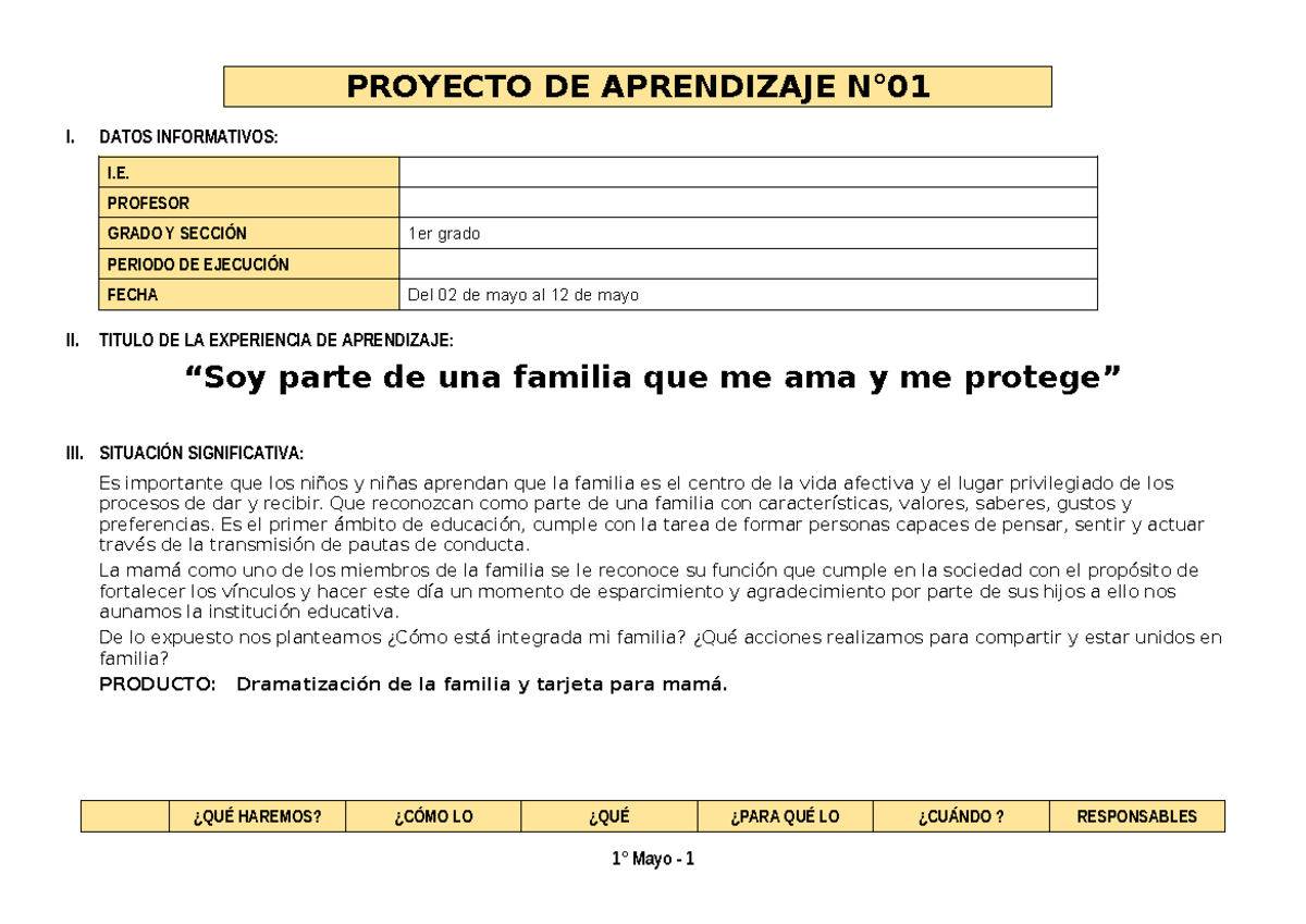 1° Grado - Proyecto DE Aprendizaje N°01 - PROYECTO DE APRENDIZAJE N° I ...