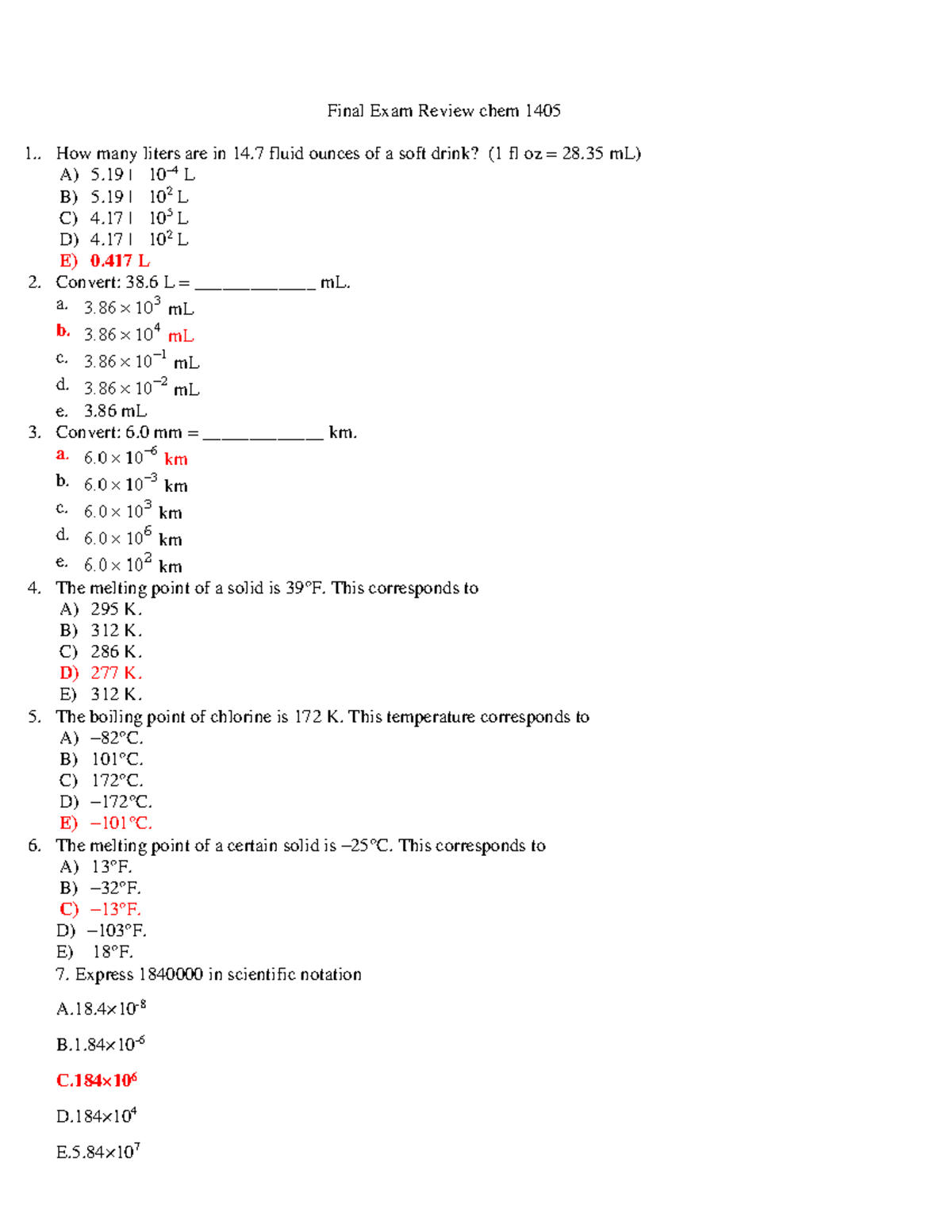 Final Review 2 Final Exam Review chem 1405 1.. How many liters are in