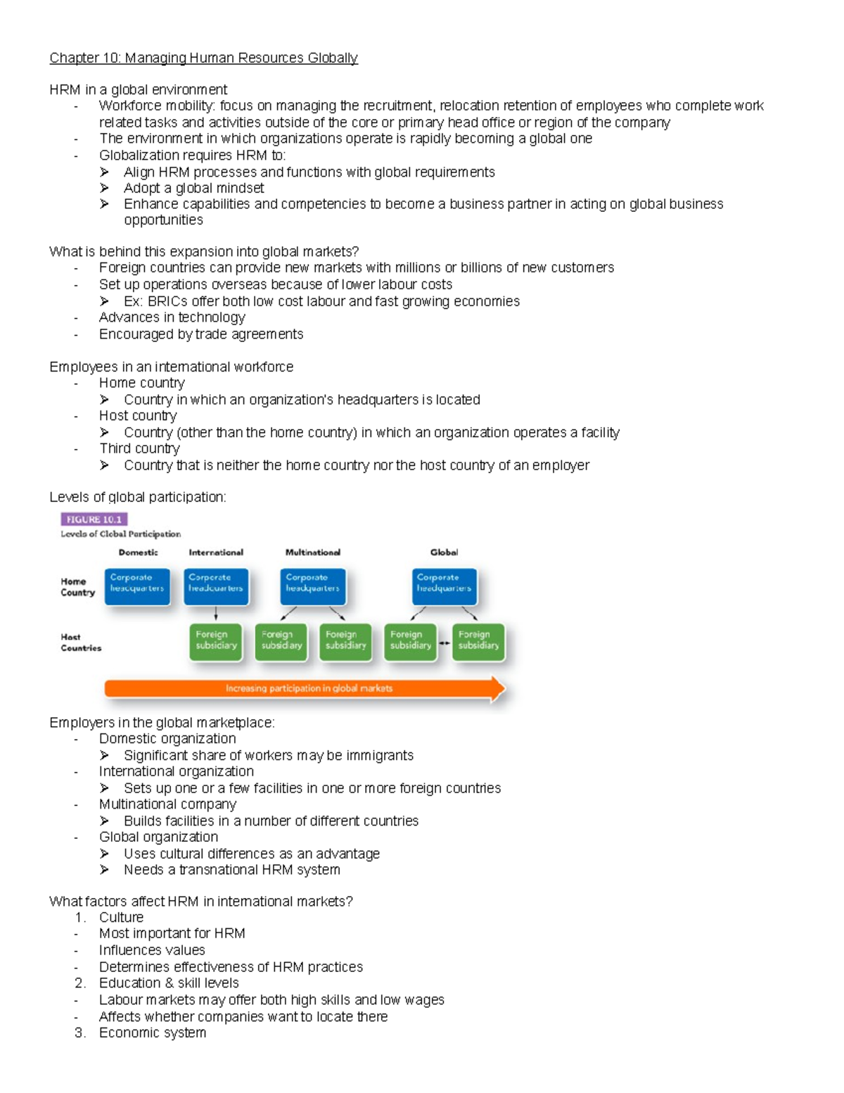 Chapter 10 - Notes - Chapter 10: Managing Human Resources Globally HRM ...