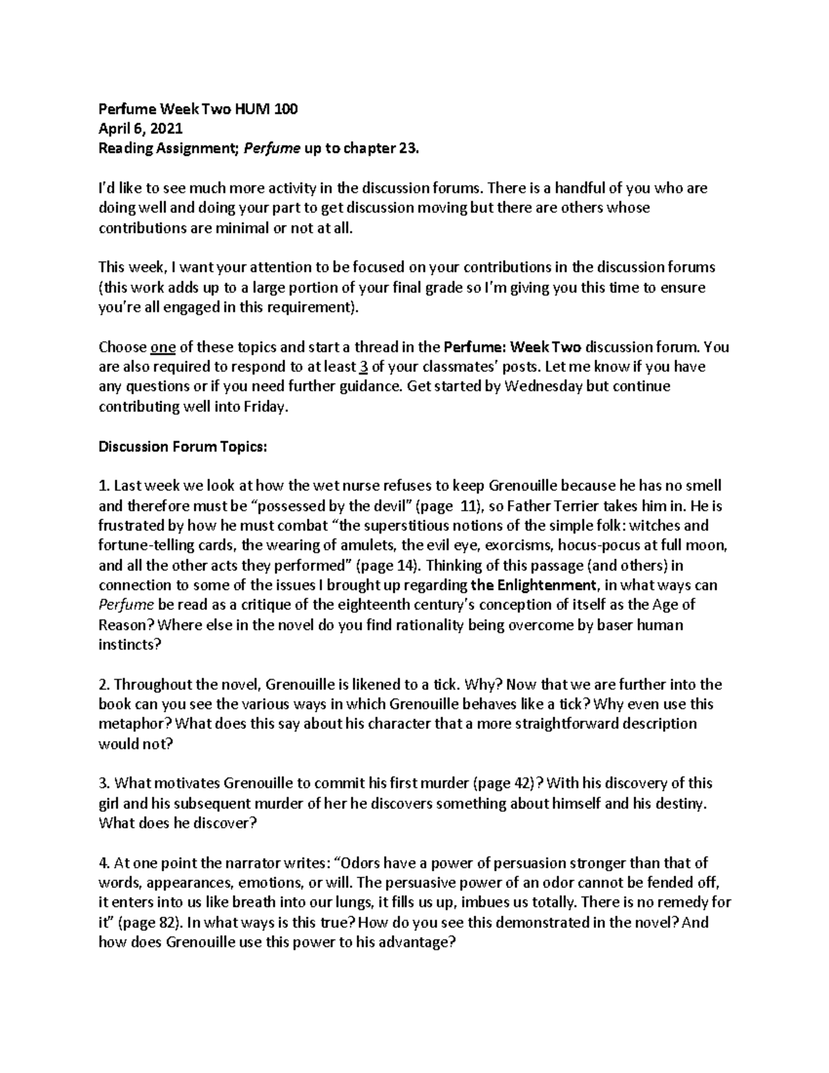 Perfume Week Two Reading Questions Perfume Week Two HUM 100 April 6