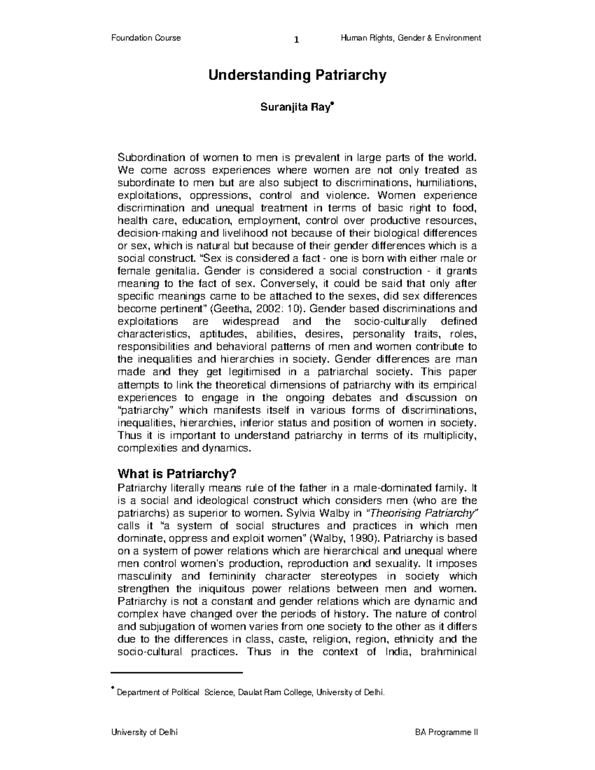 Understanding Patriarchy 1 Understanding Patriarchy Suranjita Ray