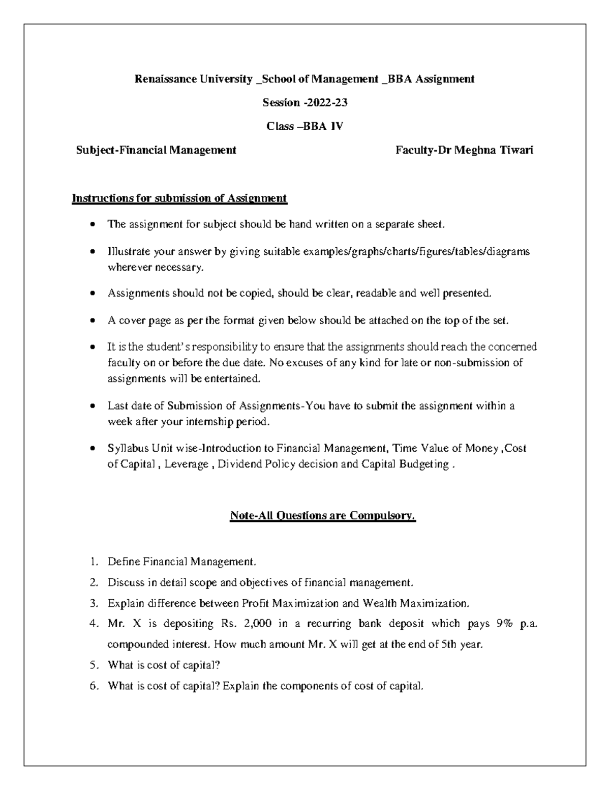 Assignmnet BBA IV Financial Management - Renaissance University _School ...