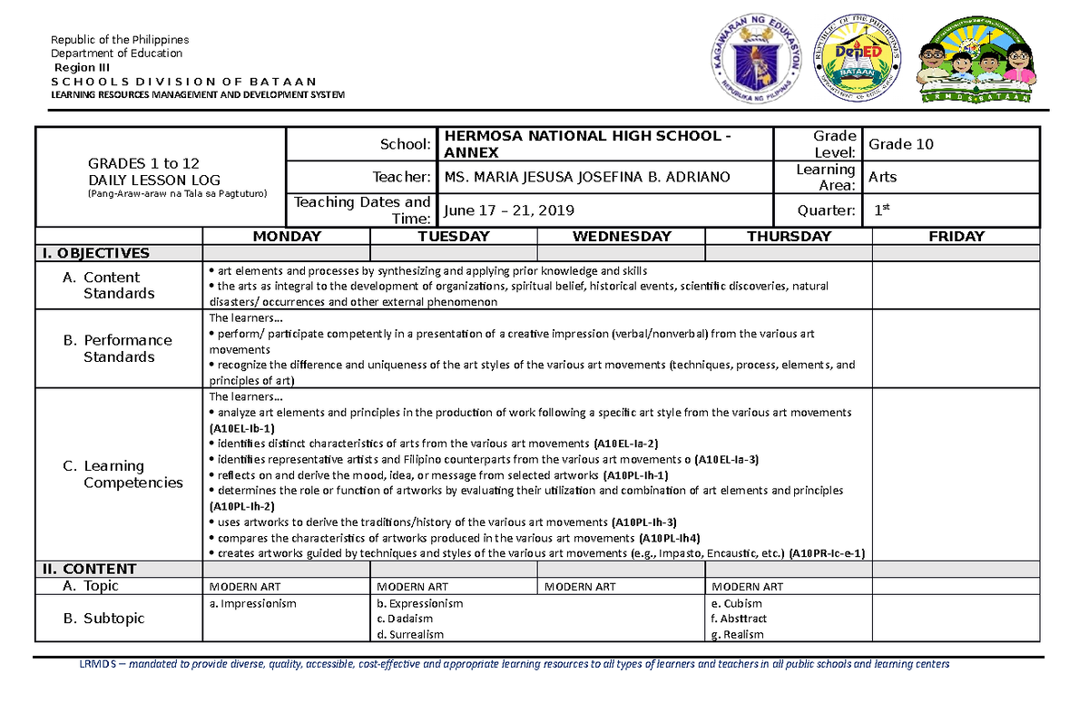 424018215 Arts 10 1st docx - Department of Education Region III S C H O ...