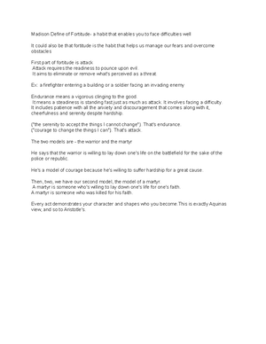 Notes 2 - The Virtue of Fortitude and the Unity of the Virtues The ...