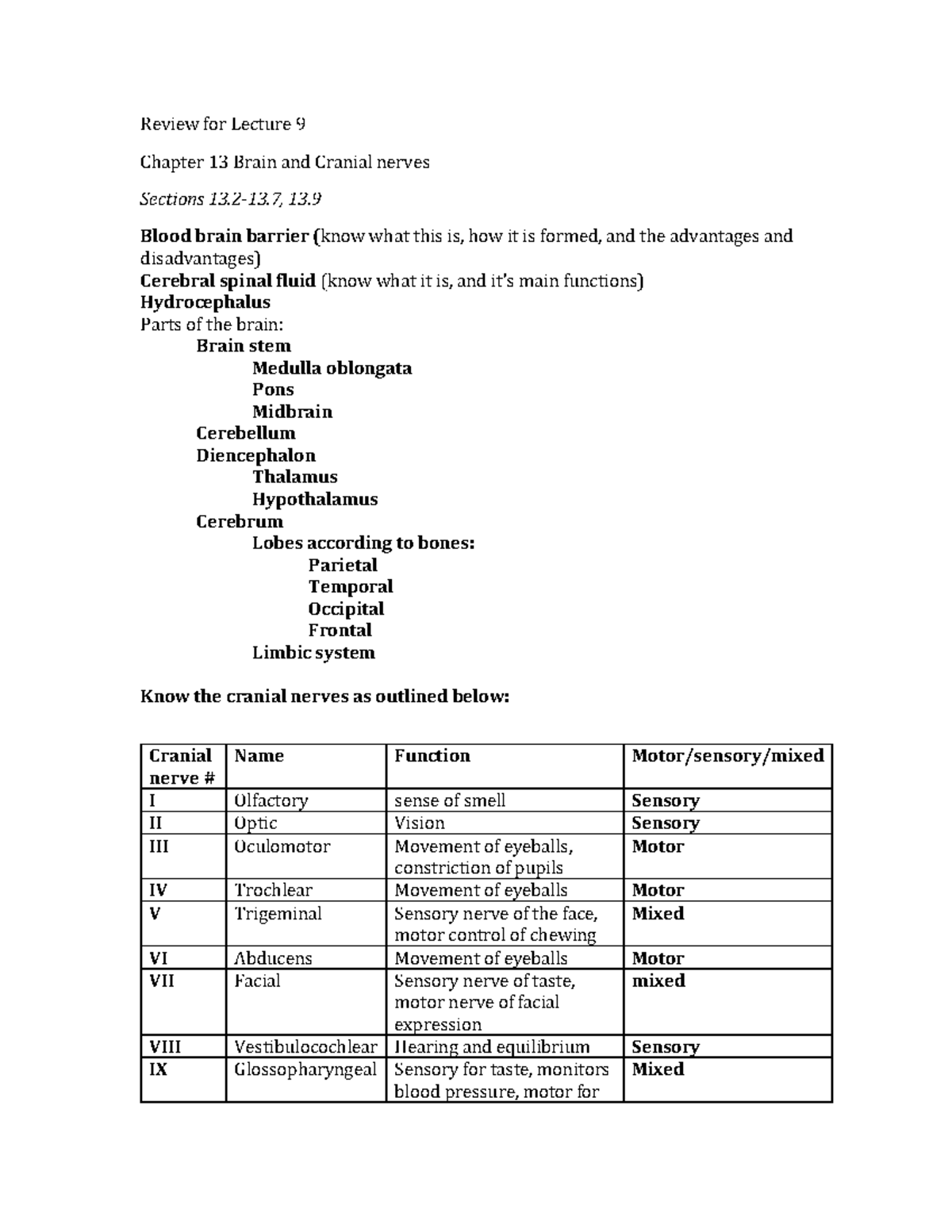 Lecture 9 review - Review for Lecture 9 Chapter 13 Brain and Cranial ...