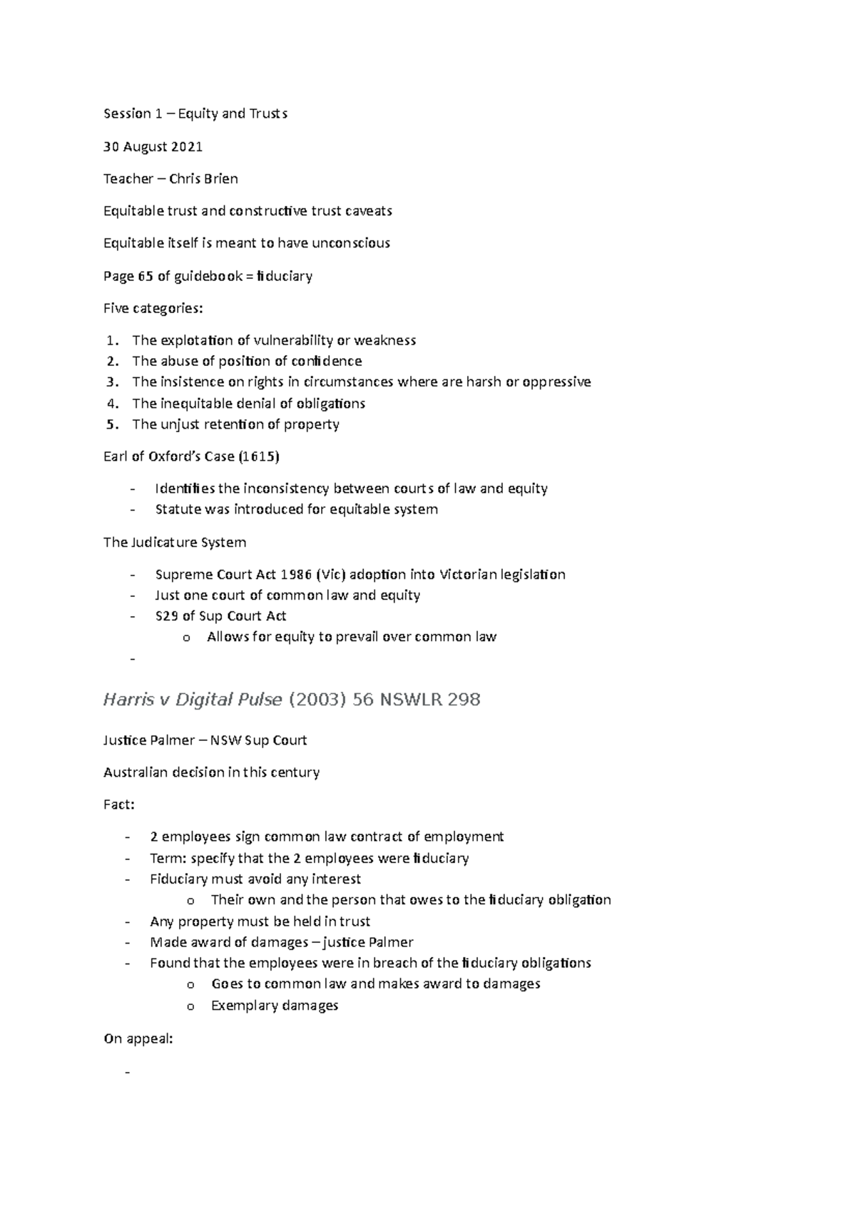 Session 1 of Equity and Trusts Notes from Dr Chris Brien - Session 1 ...