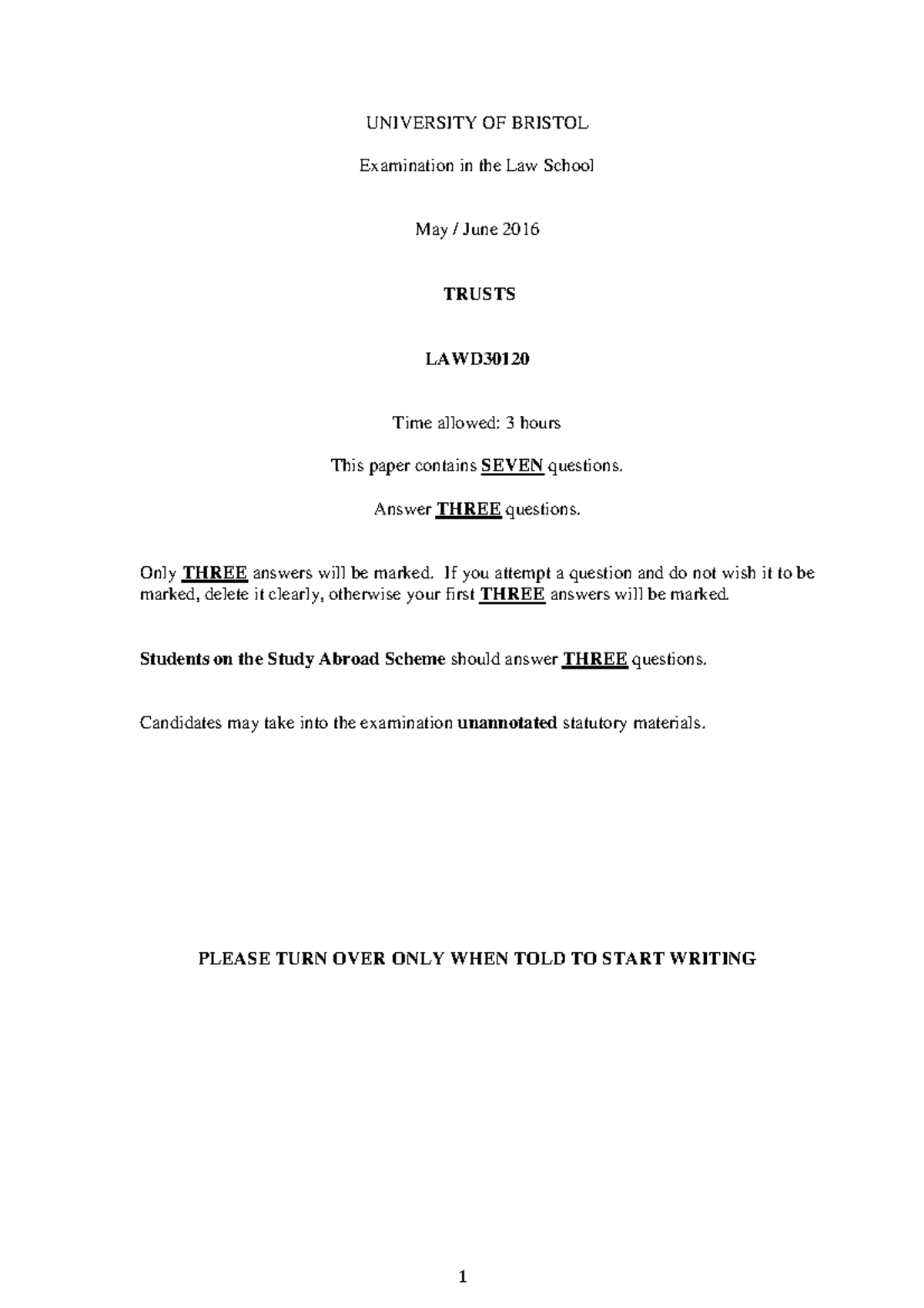 Exam 2016 UNIVERSITY OF BRISTOL Examination in the Law School May