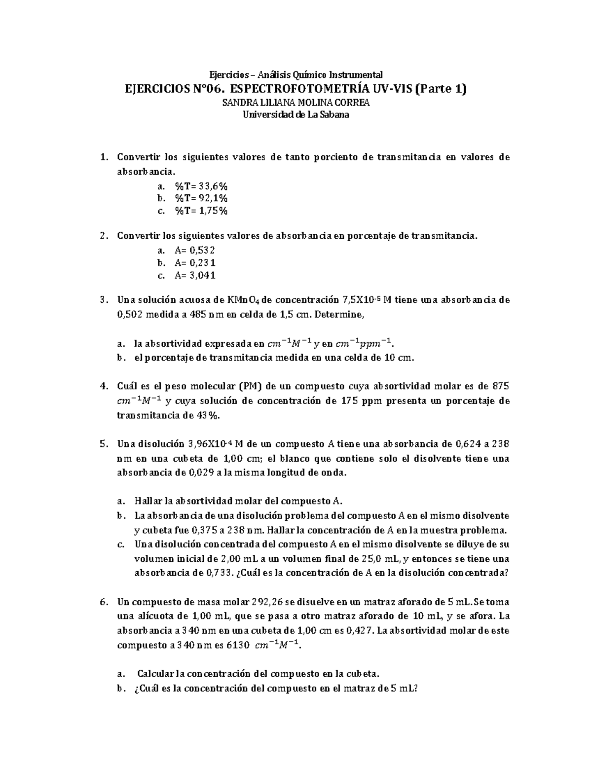 Ejercicios 6 Espectrofotometría Uv Vis Parte 1 Ejercicios