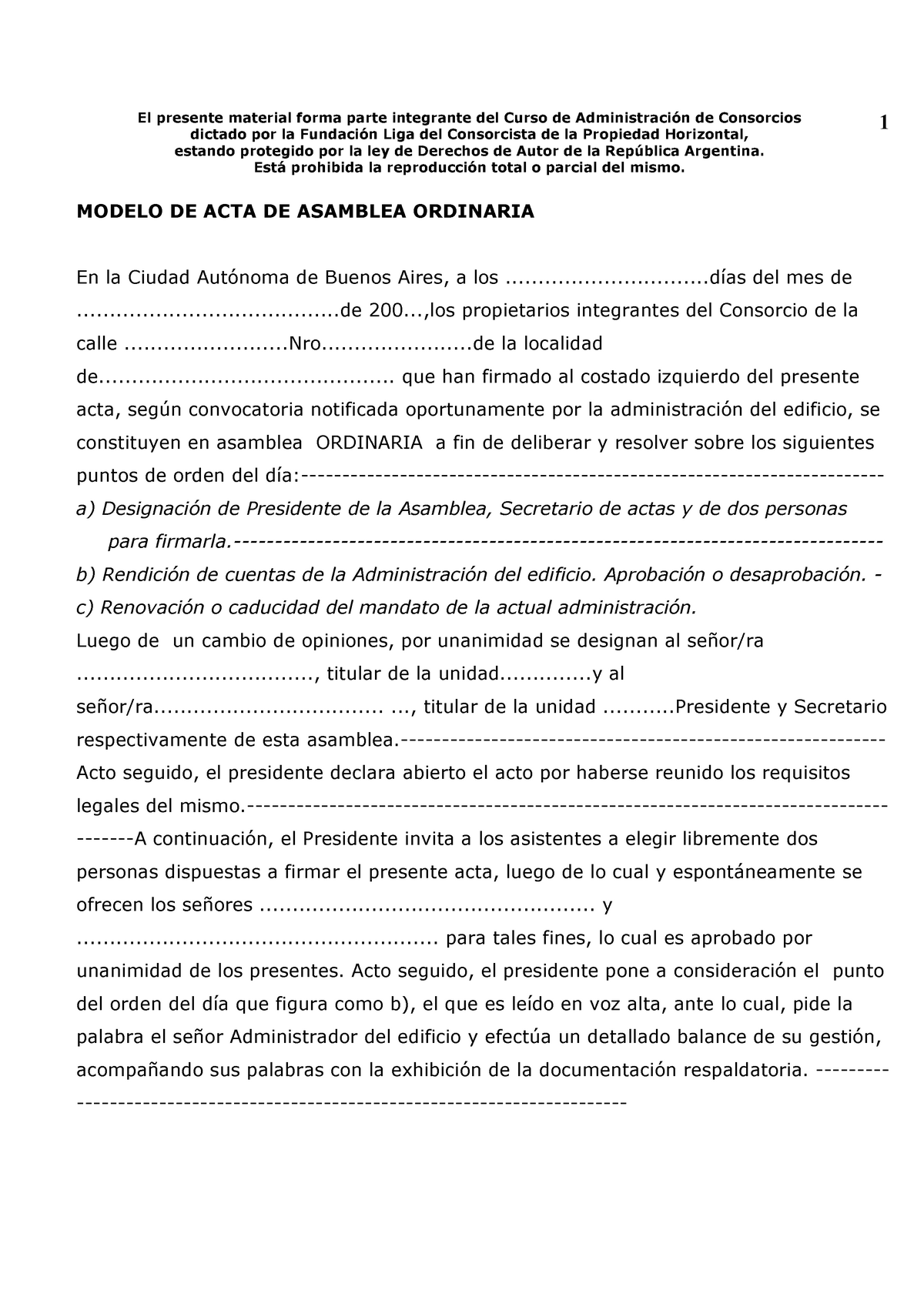 ACTA DE Asamblea Ordinaria - El presente material forma parte integrante  del Curso de Administración - Studocu