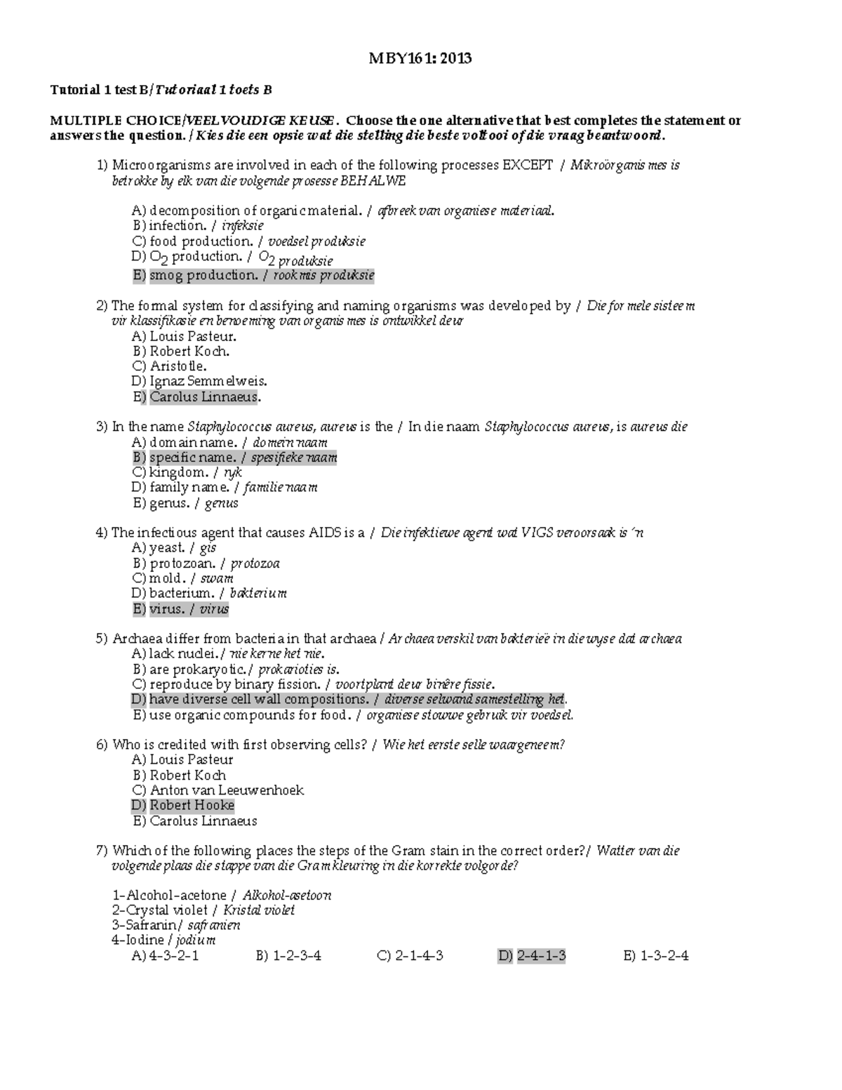 MBY161 test1 B memo - MBY161: 2013 Tutorial 1 test B/ Tutoriaal 1 toets ...