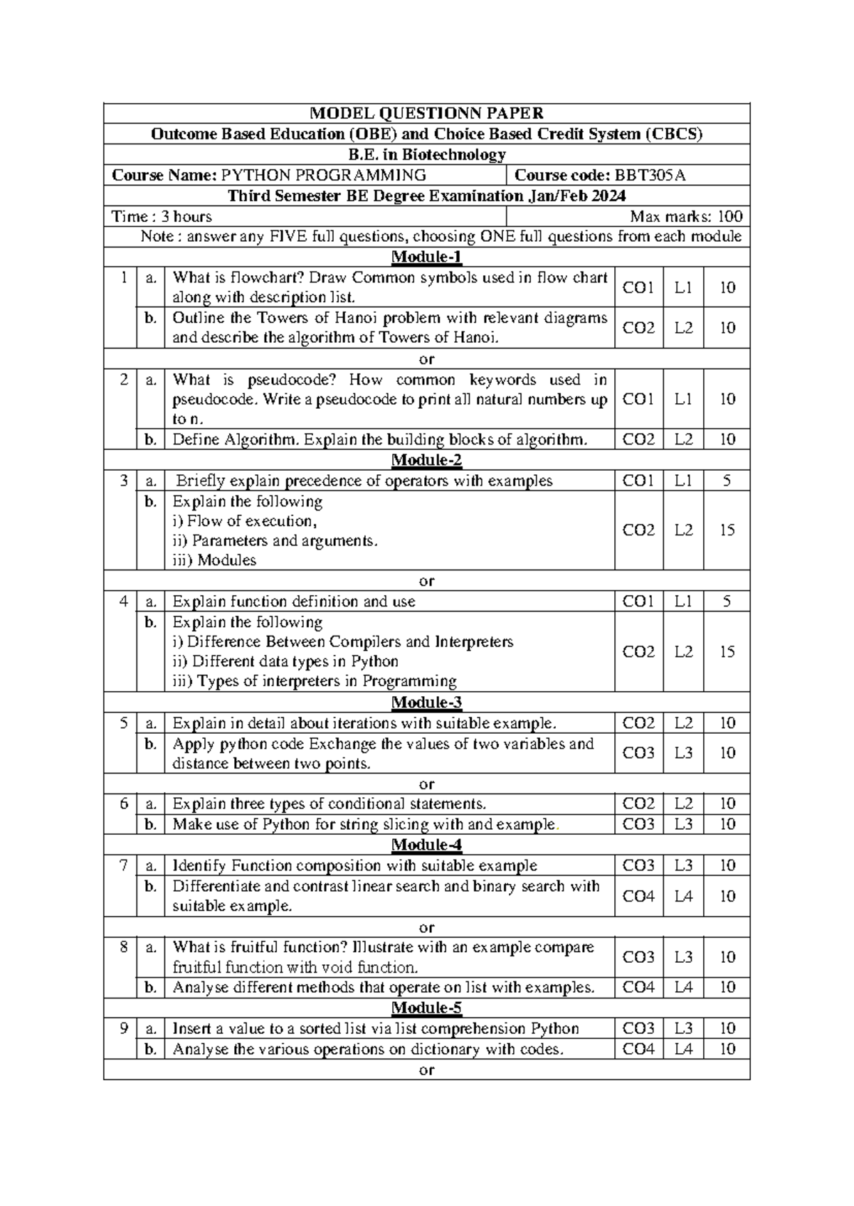 BBT306 - lecture notes - MODEL QUESTIONN PAPER Outcome Based Education ...