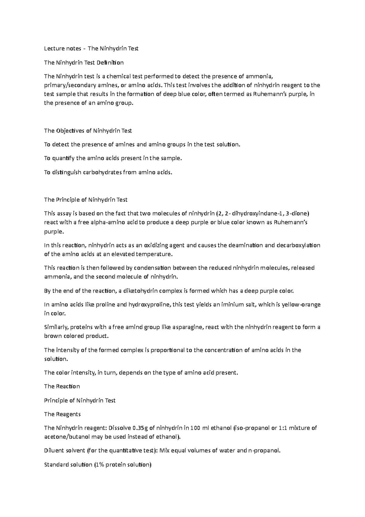 Lecture notes - The Ninhydrin Test - This test involves the addition of ...