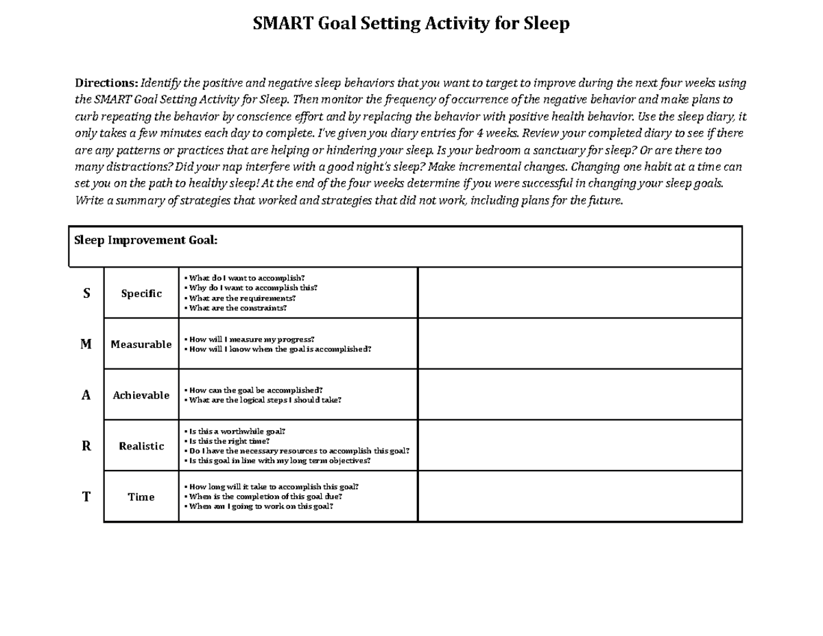 [Template] Sleep GOAL Setting (1) - SMART Goal Setting Activity for ...