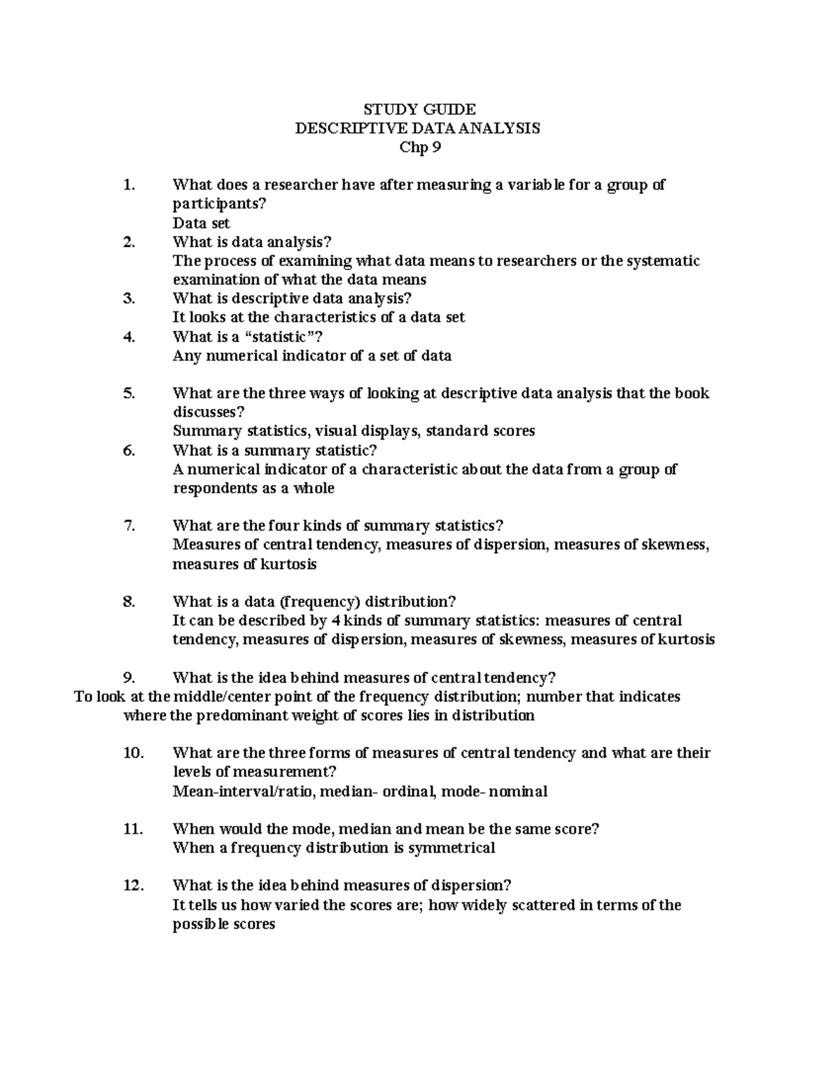 Com 220 test 2 study guide - STUDY GUIDE DESCRIPTIVE DATA ANALYSIS Chp ...