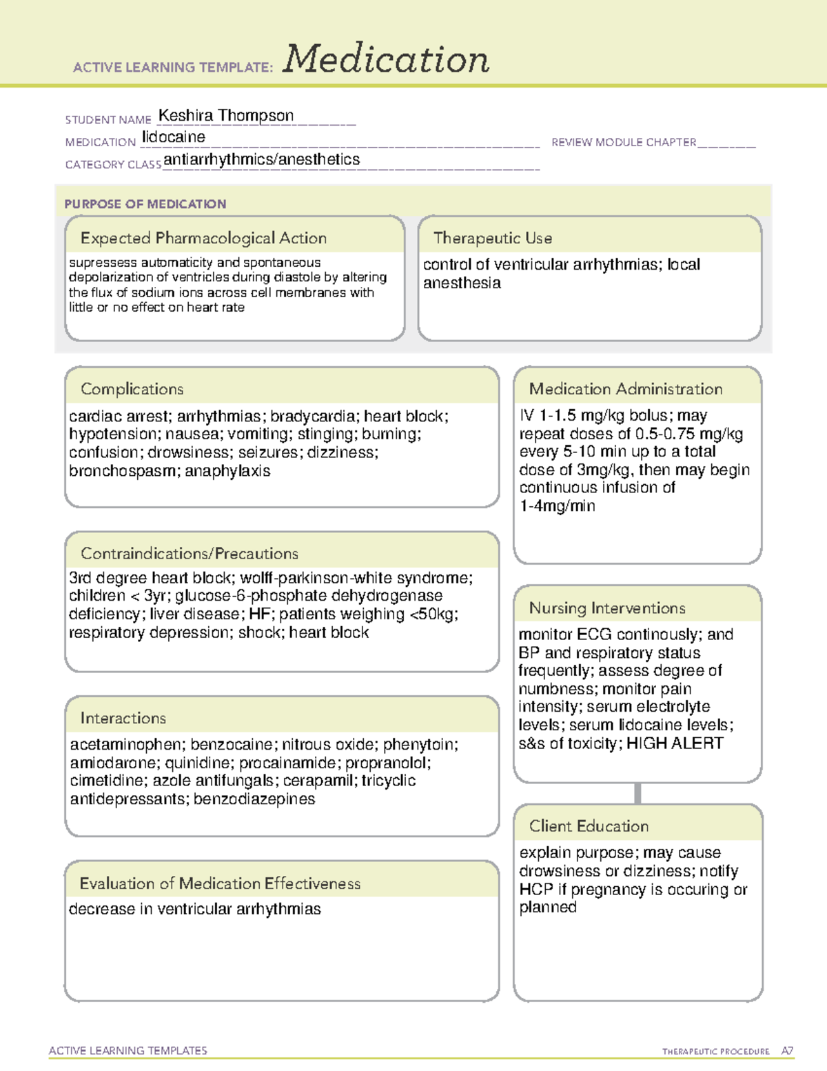 Lidocaine kst - ACTIVE LEARNING TEMPLATES TherapeuTic procedure A ...