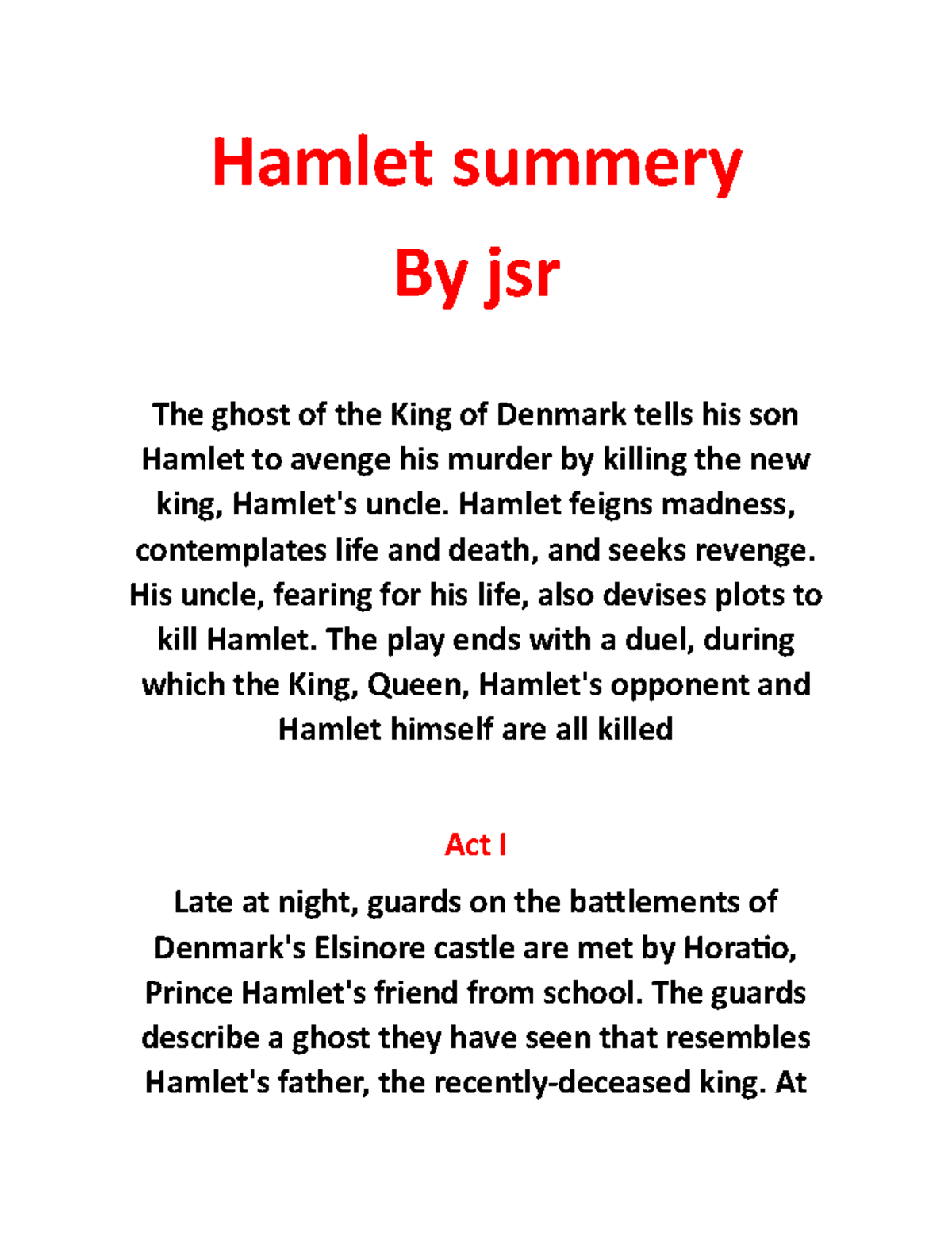 Hamlet summery Hamlet feigns madness, contemplates life and death