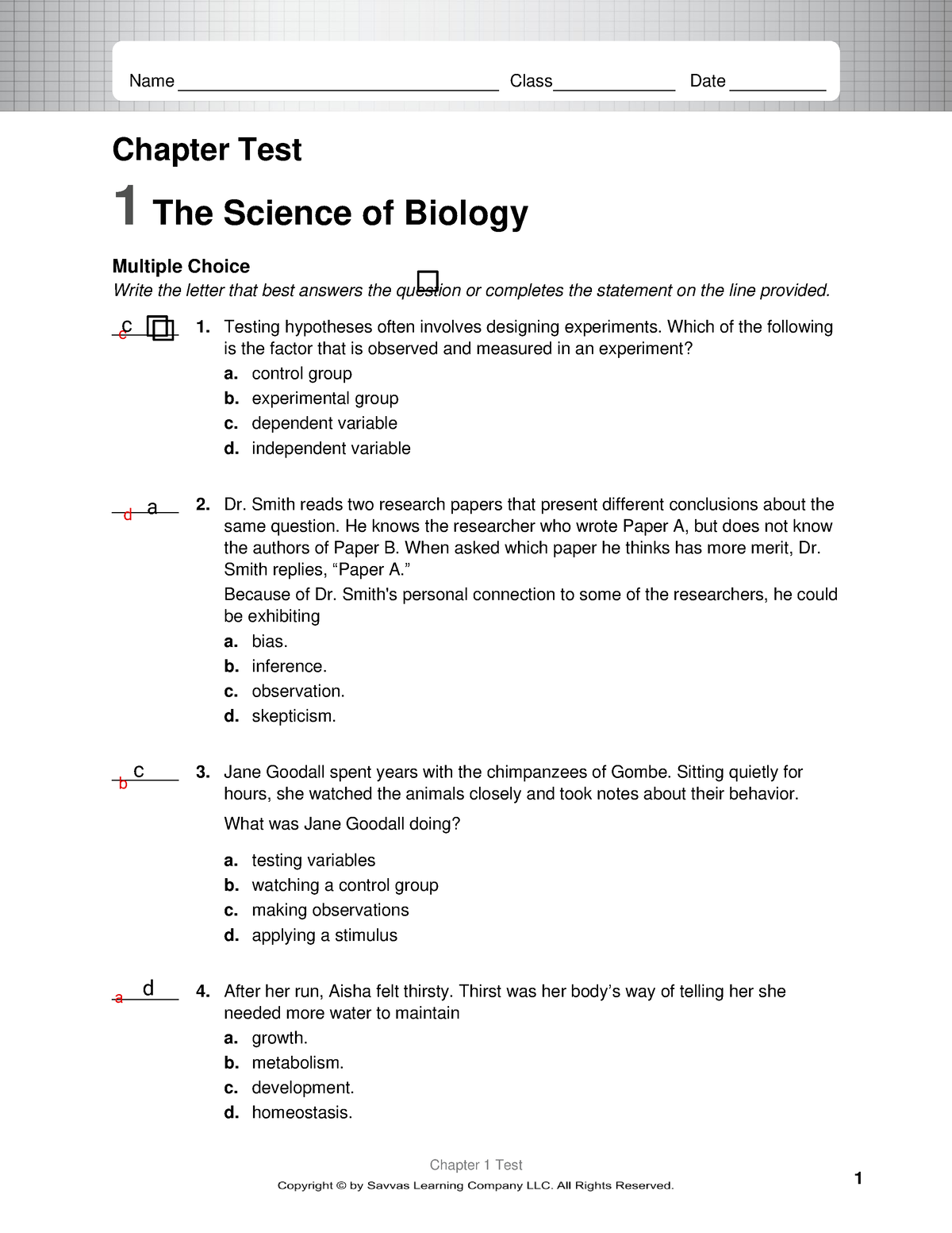 Kami Export - BIO CH01 Chapter Test - Chapter 1 Test Chapter Test 1 The ...