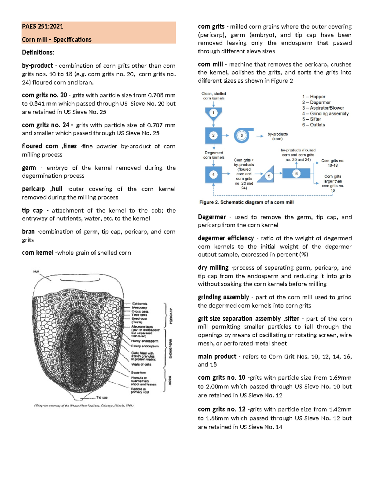 PAES Combined PAES 251 Corn mill Specifications Definitions by