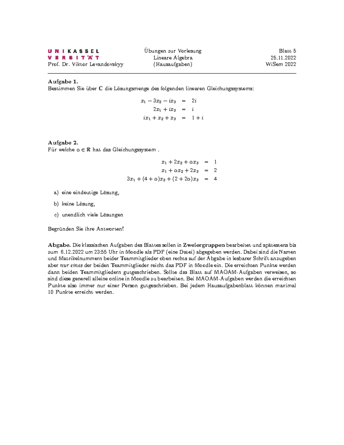 HA5-A - Hausaufgabe 5 - Prof. Dr. Viktor Levandovskyy Ubungen Zur ...