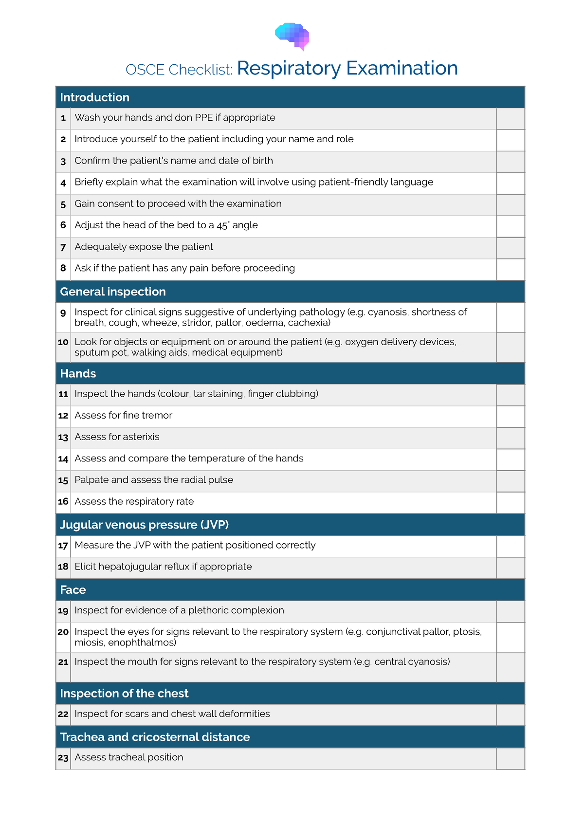 OSCE Checklist Respiratory Examination OSCE Checklist Respiratory 