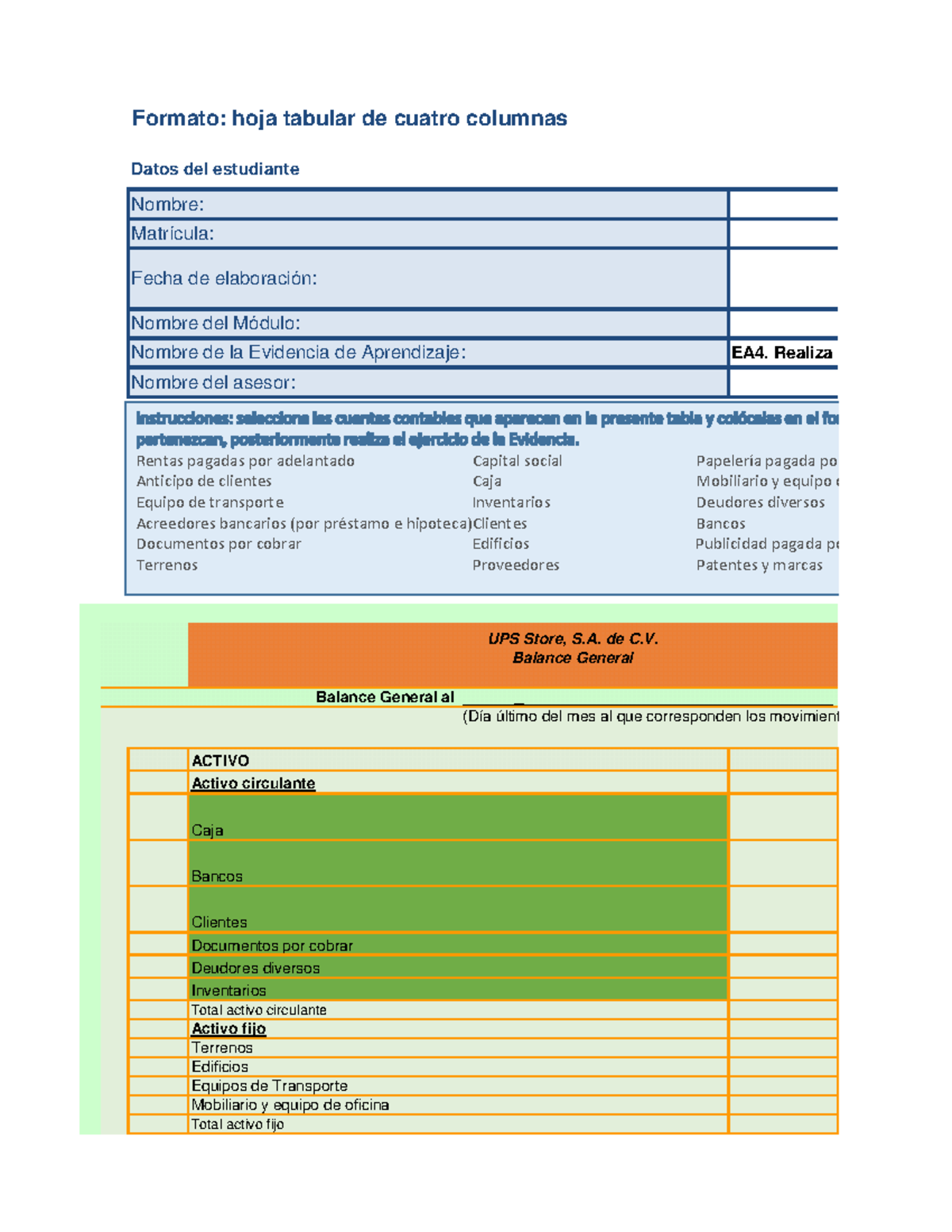 EA4. Realiza un Balance general - Formato: hoja tabular de cuatro ...