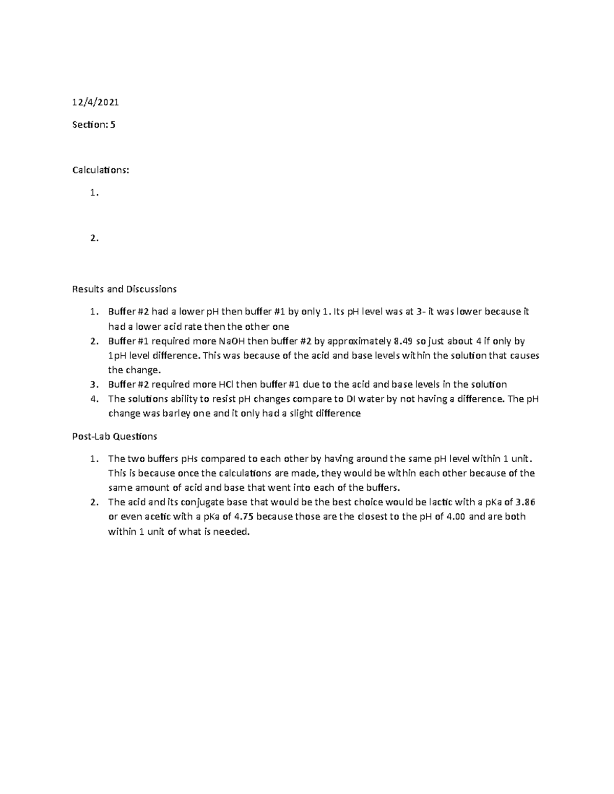 Buffers Post Lab Postlab with questions and calculations 12/4
