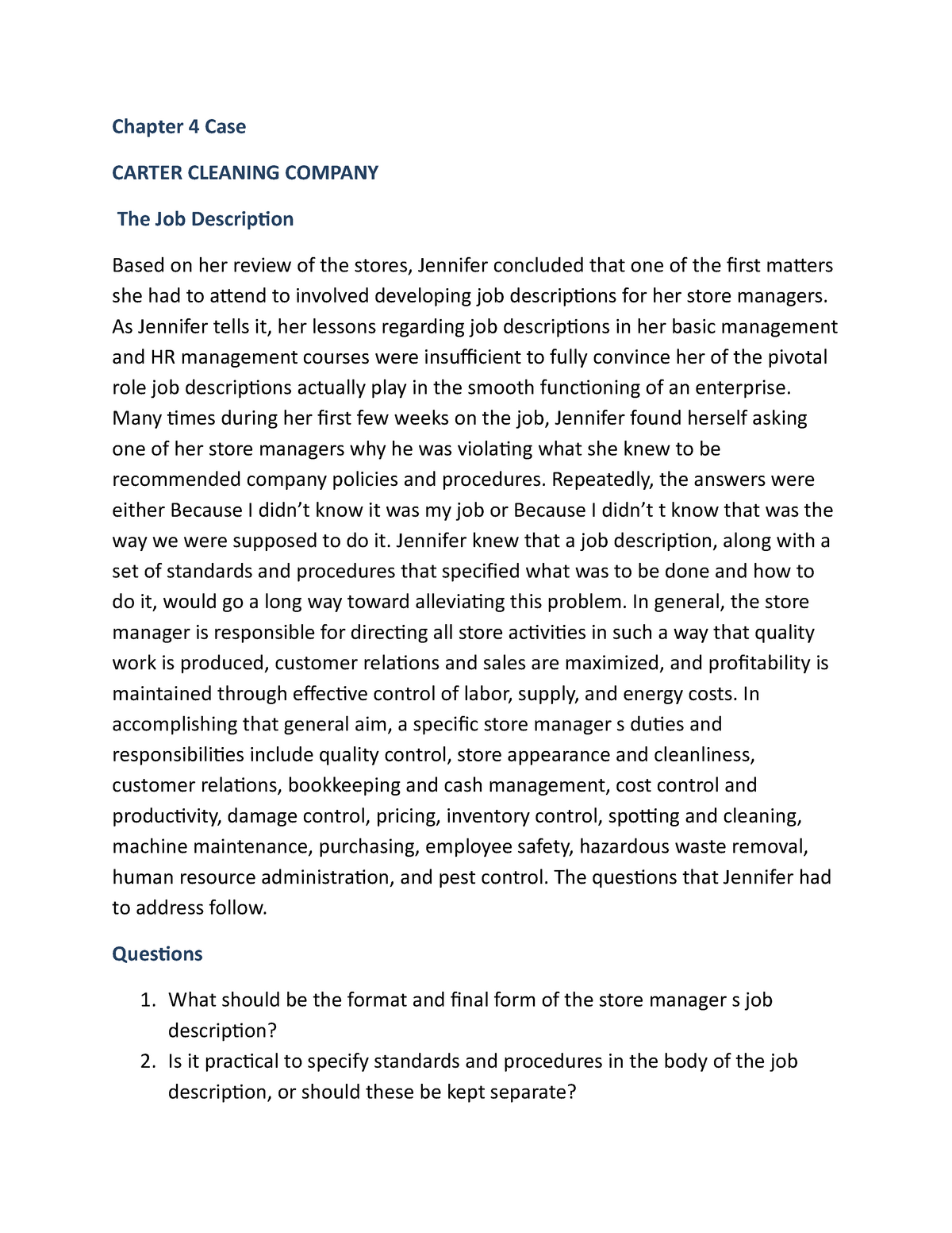 carter cleaning company case study solution chapter 4