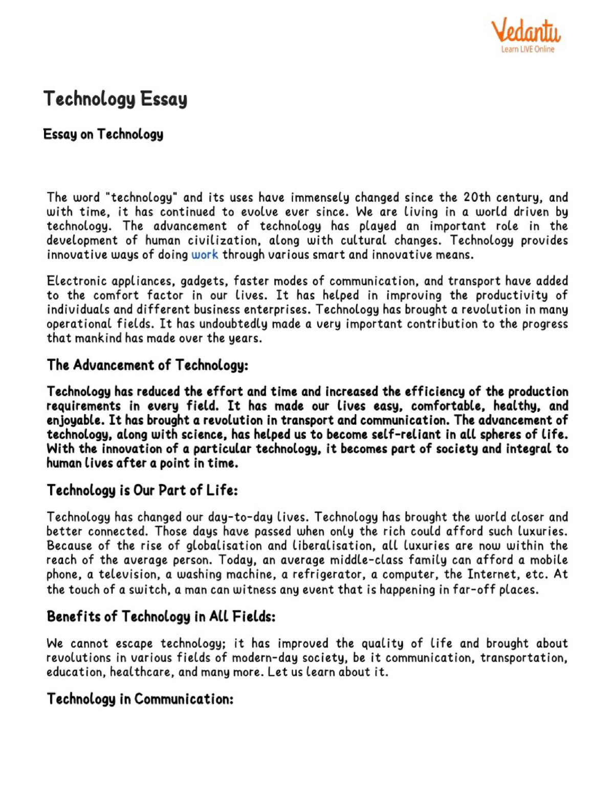 essay about advancement of technology