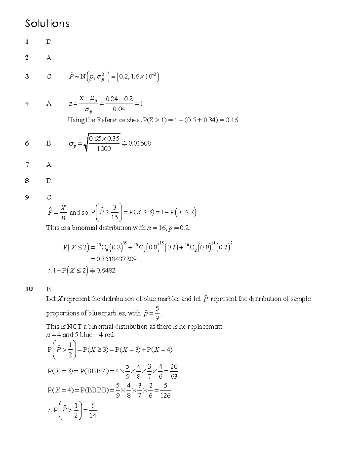Sample Questions Binomial Distributions 4 SOL - Solutions 1 D 2 A 3 C 4 ...