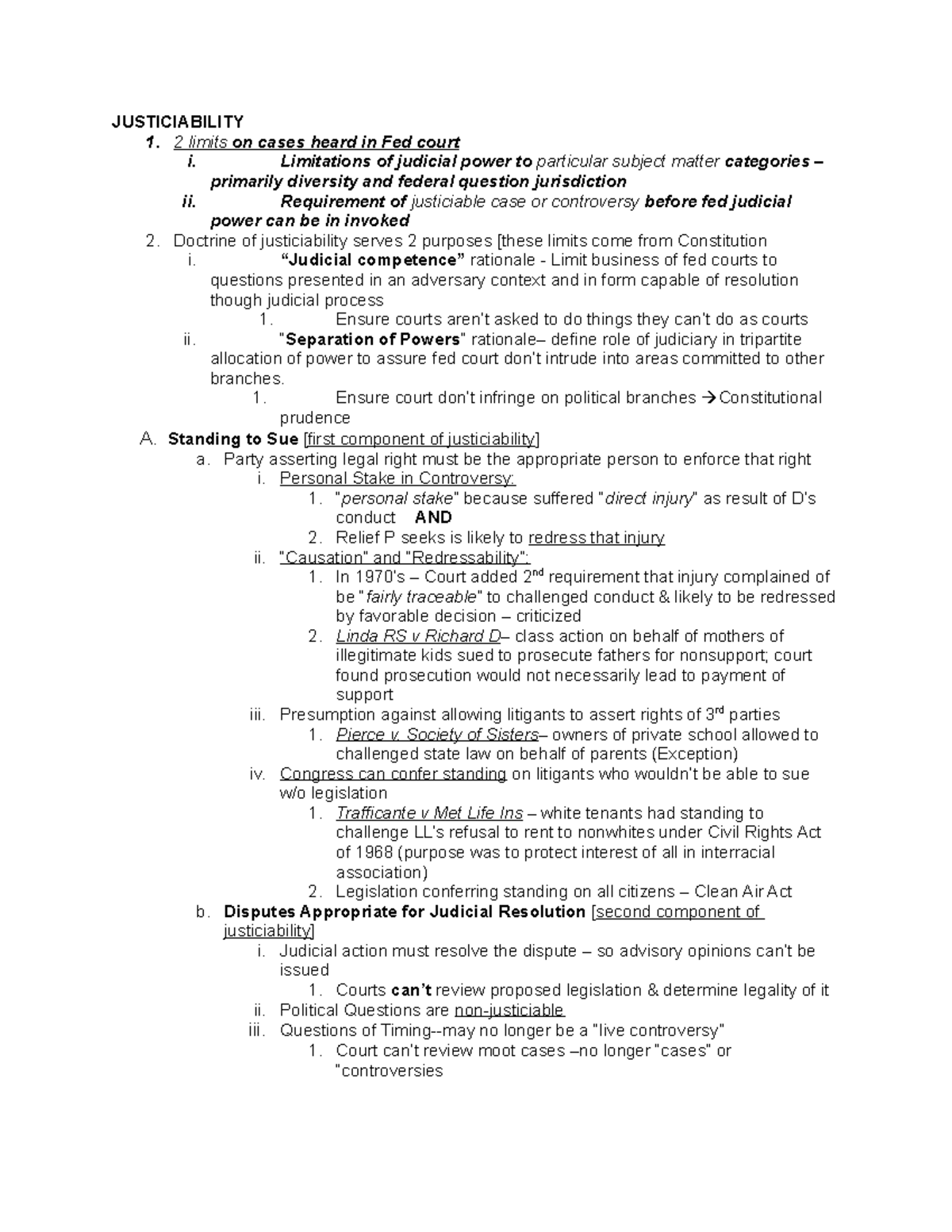 Civil Procedure Prof Garza 3 JUSTICIABILITY 2 limits on cases heard in Fed court i