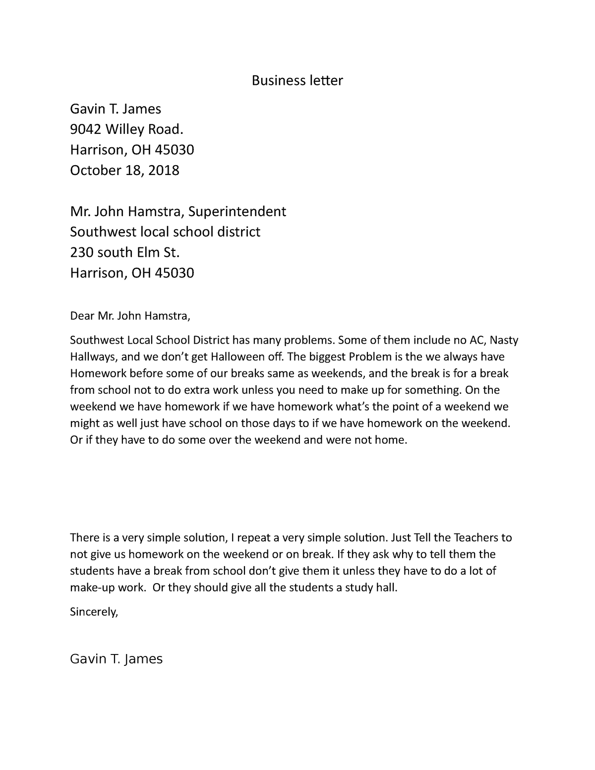 Buisness Letter - n/a - The Great Gatsby - Business letter Gavin T ...