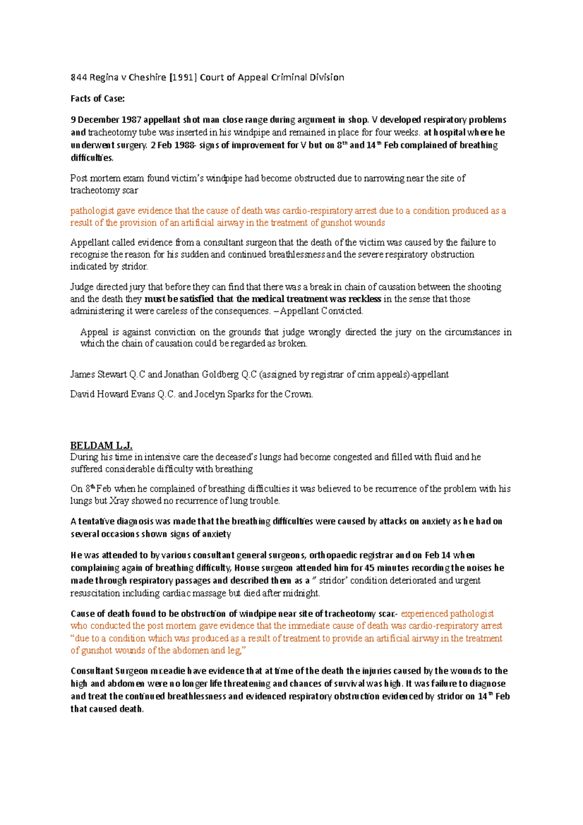 R v Cheshire (Chain of Causation) 844 Regina v Cheshire [1991] Court