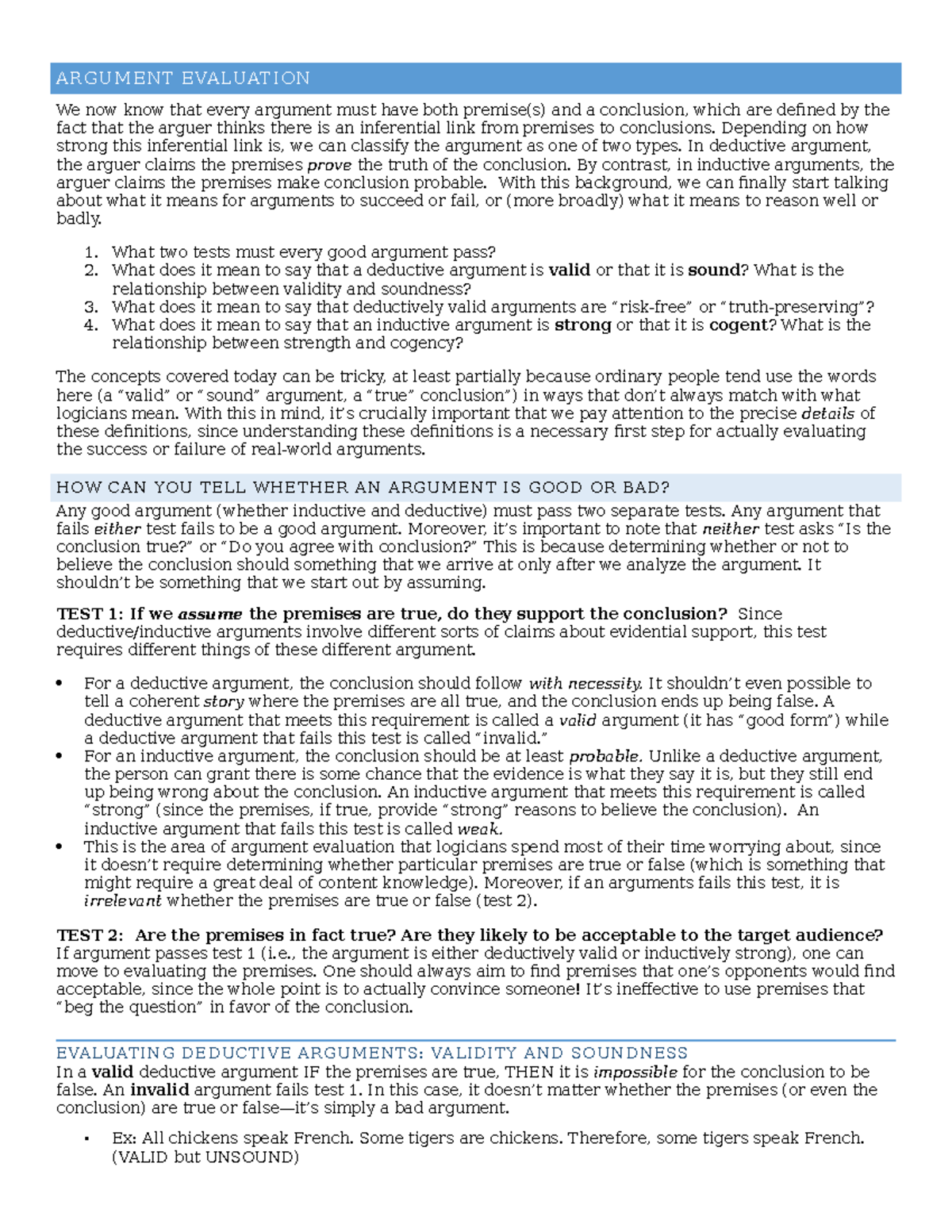 Logic Argument Eval 1 4 Argument Evaluation We Now Know That Every Argument Must Have Both Studocu