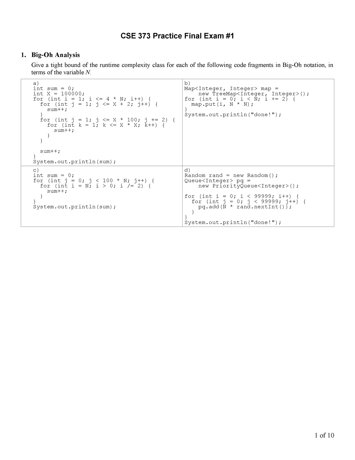 Final-practice-1 - Algorithms - CSE 373 Practice Final Exam 1. Big-Oh ...