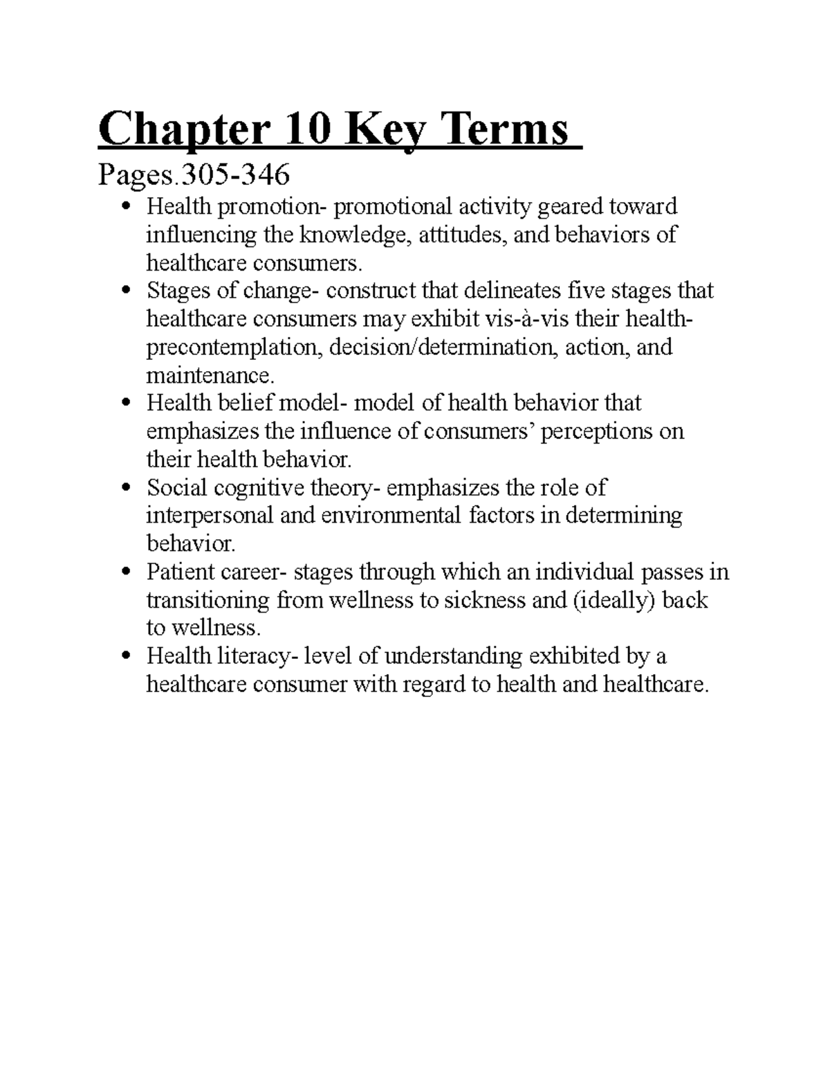Chapter 10 Key Terms - Chapter 10 Key Terms Pages 305- Health promotion ...