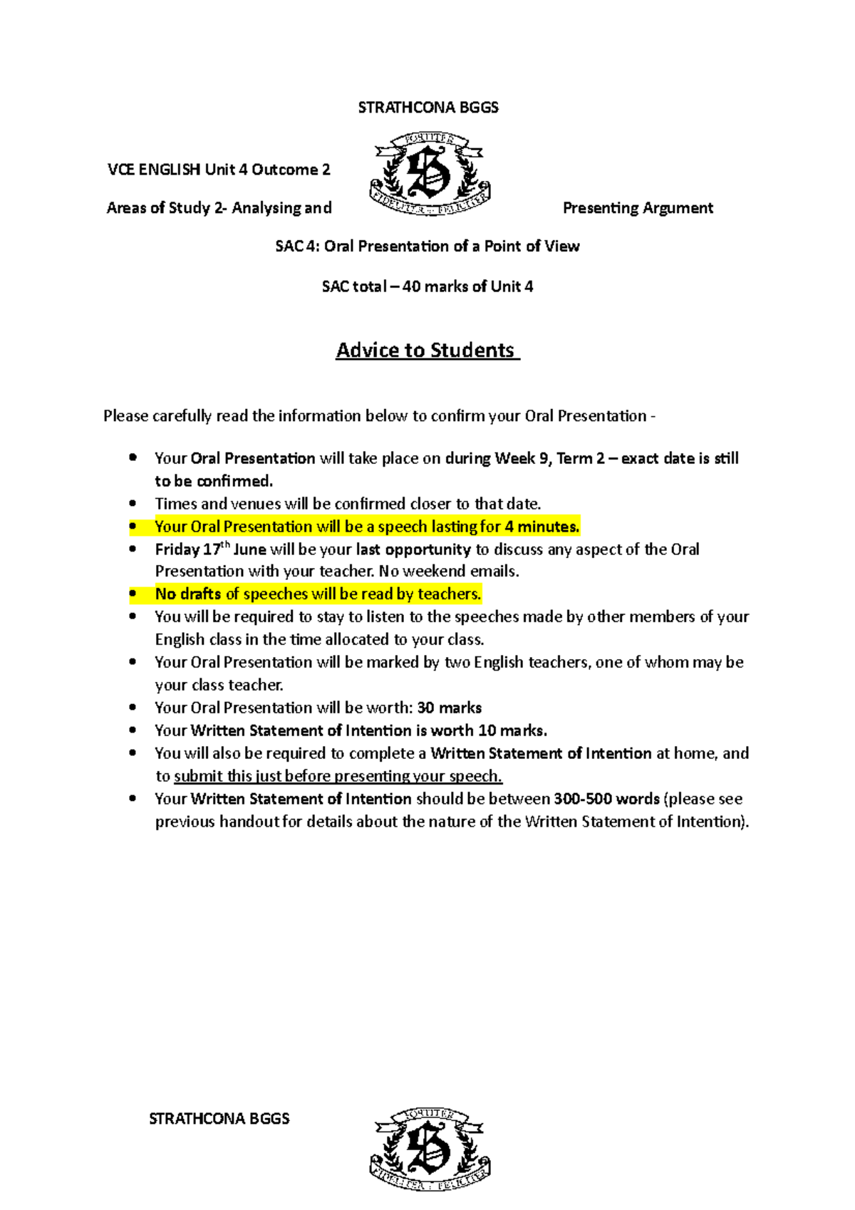 Information to Students Oral 20223 STRATHCONA BGGS VCE ENGLISH Unit