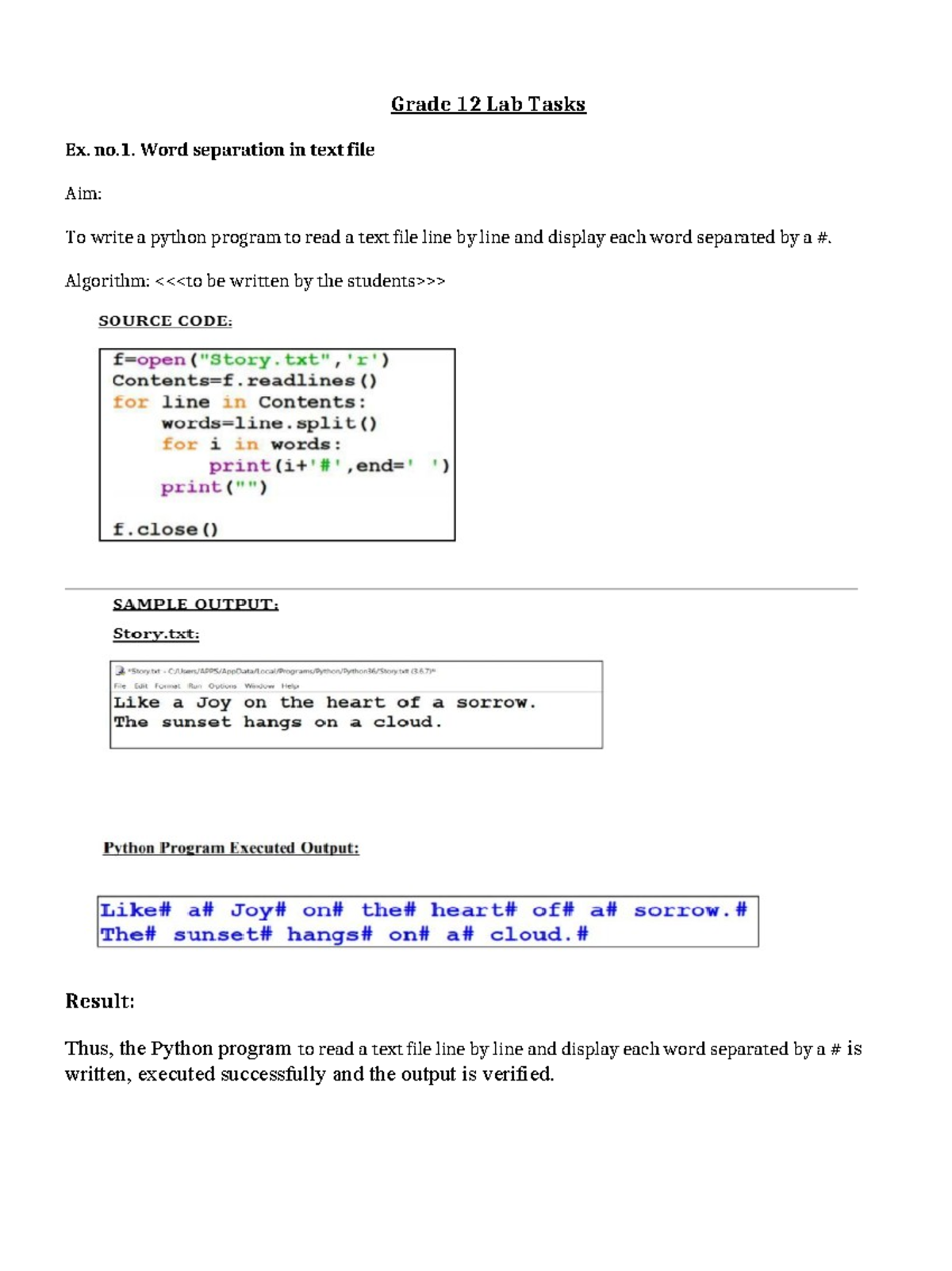 Grade 12 Lab Task qn - Grade 12 Lab Tasks Ex. no. Word separation in ...
