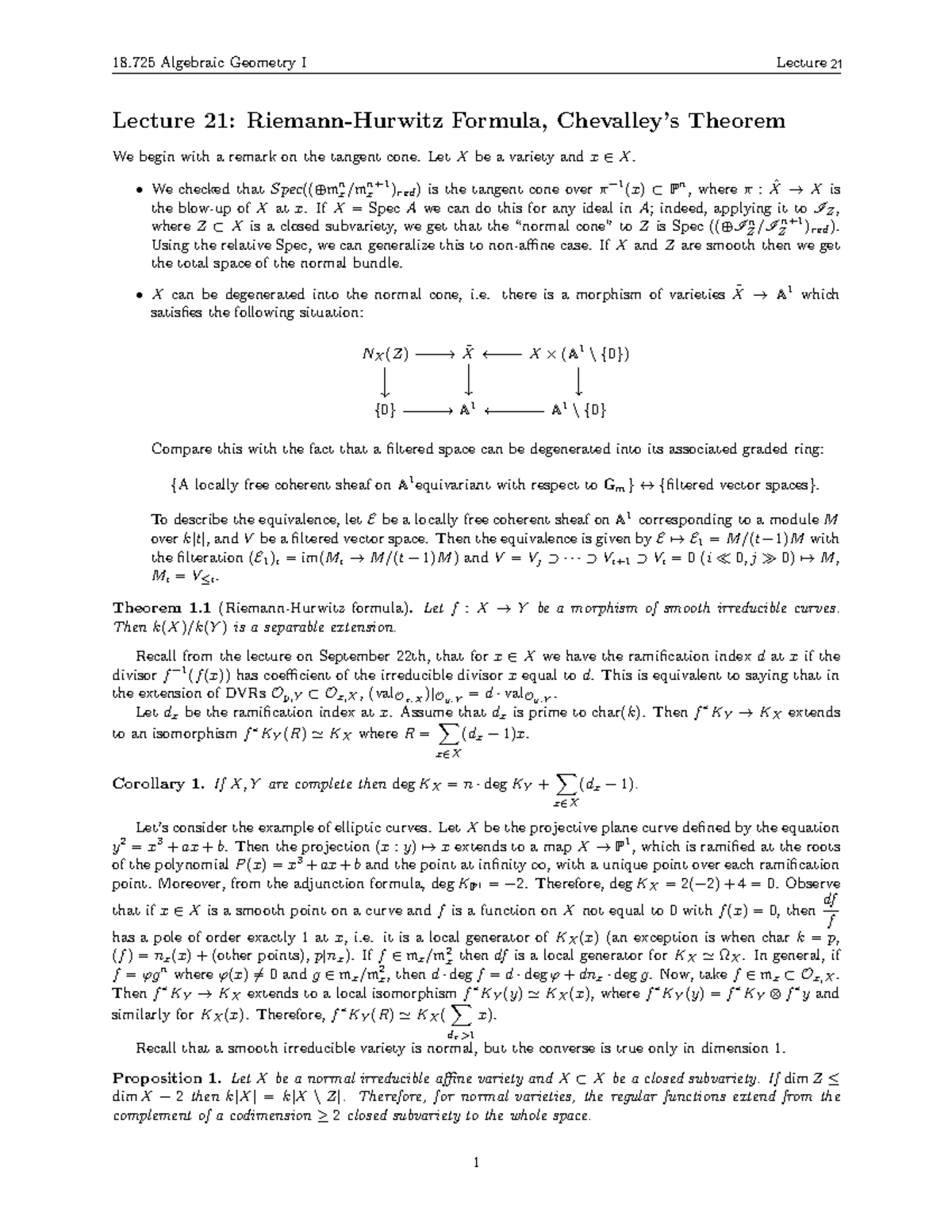 Algebraic Geometry I Lecture 21 Tangent Cone Normal Bundle Ramification Index Constructible