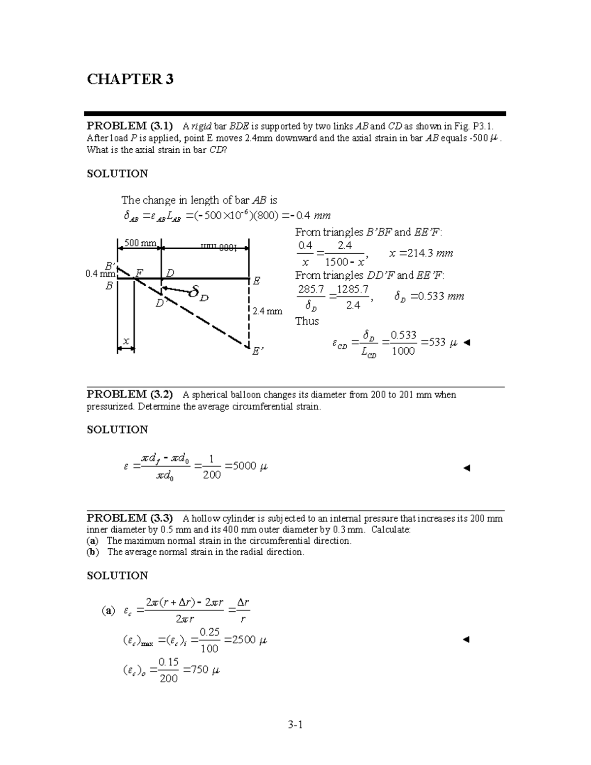 Ch03 - Lecture notes 3 - CHAPTER 3 PROBLEM (3) A rigid bar BDE is ...