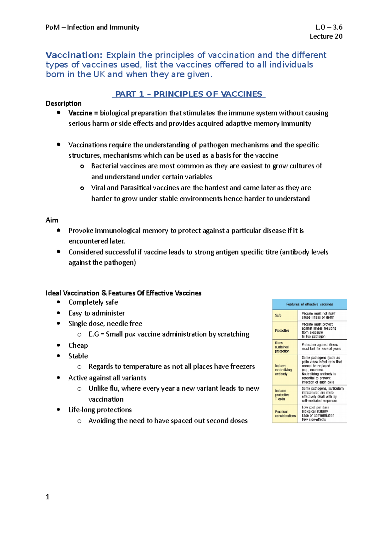 3.6 Vaccination - Lecture 20 Vaccination: Explain the principles of ...