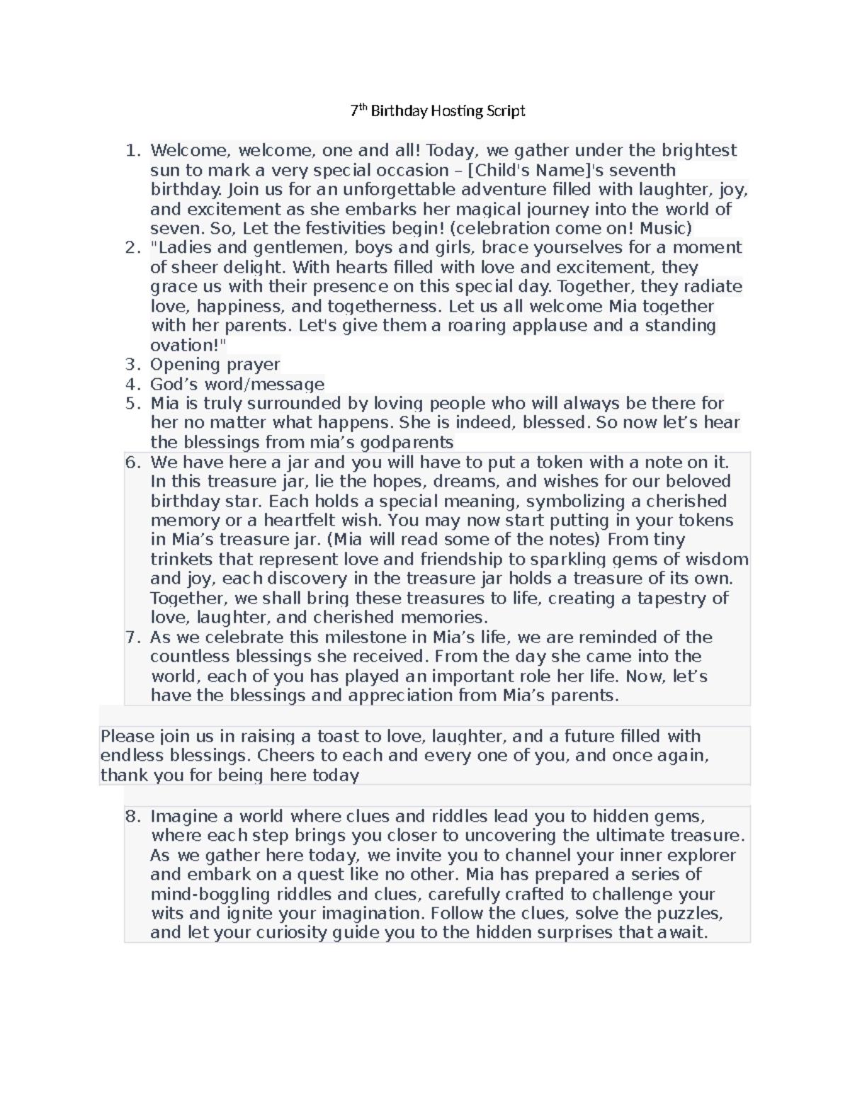 7th Birthday Hosting Script - 7 th Birthday Hosting Script Welcome ...