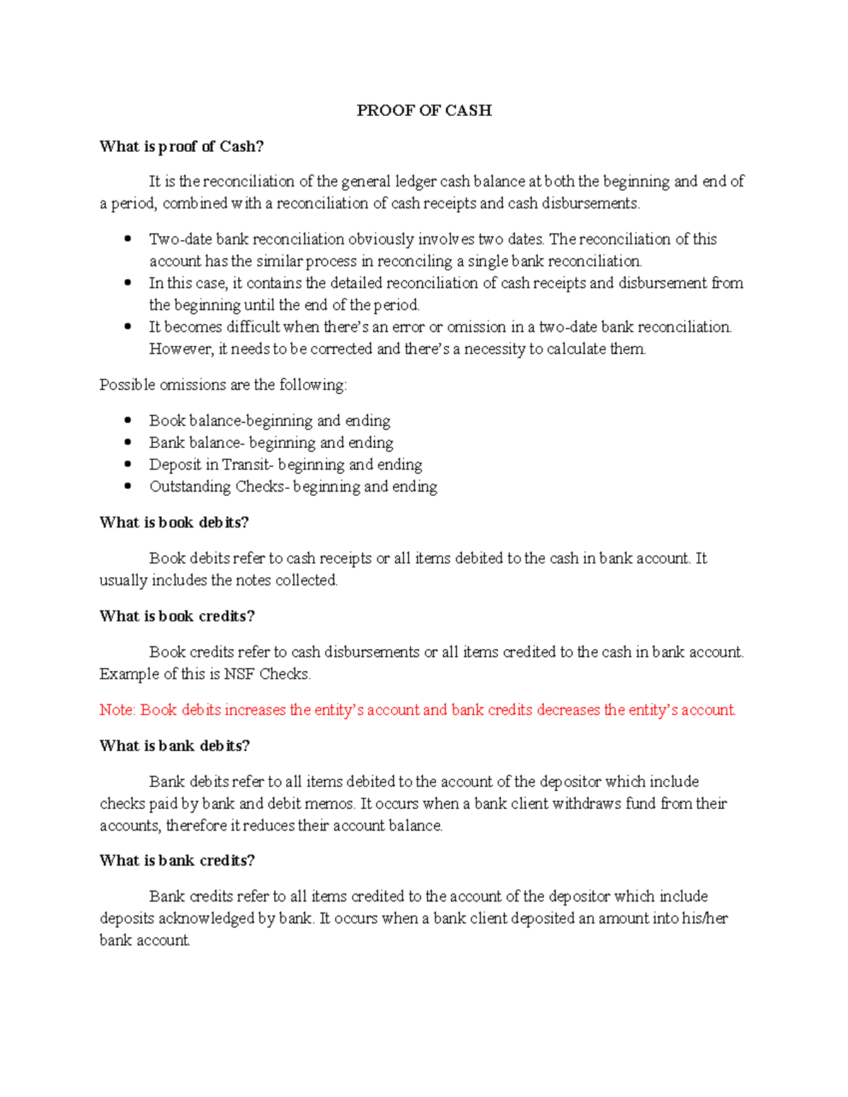 Proof OF CASH Project Lecture notes 1 PROOF OF CASH What is proof