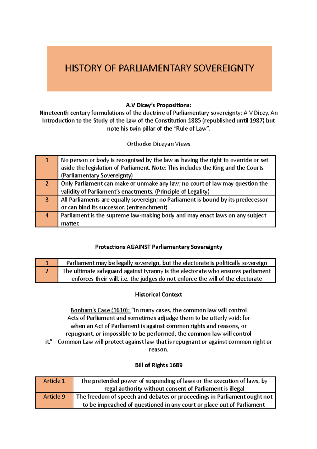 Parliament Exam Notes A Dicey’s Propositions century