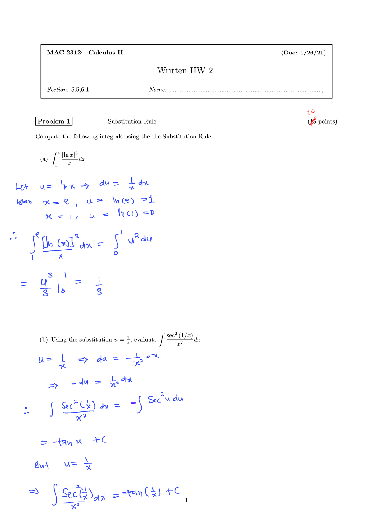 Written HW 2 Solution - N/A - MAC 2312: Calculus II (Due: 1/26/21 ...