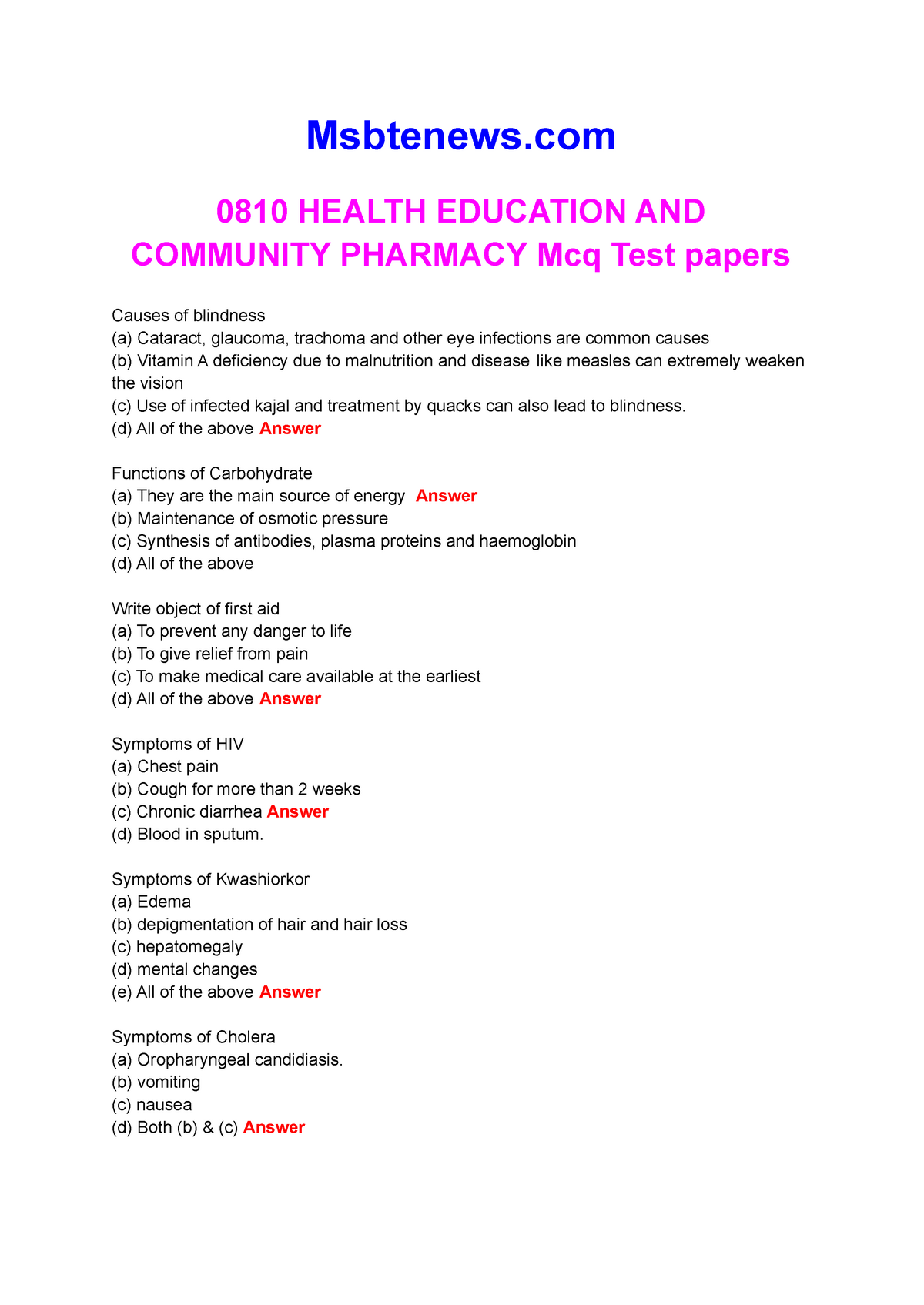 Health Education And Community Pharmacy Mcq With Answers Pdf StuDocu